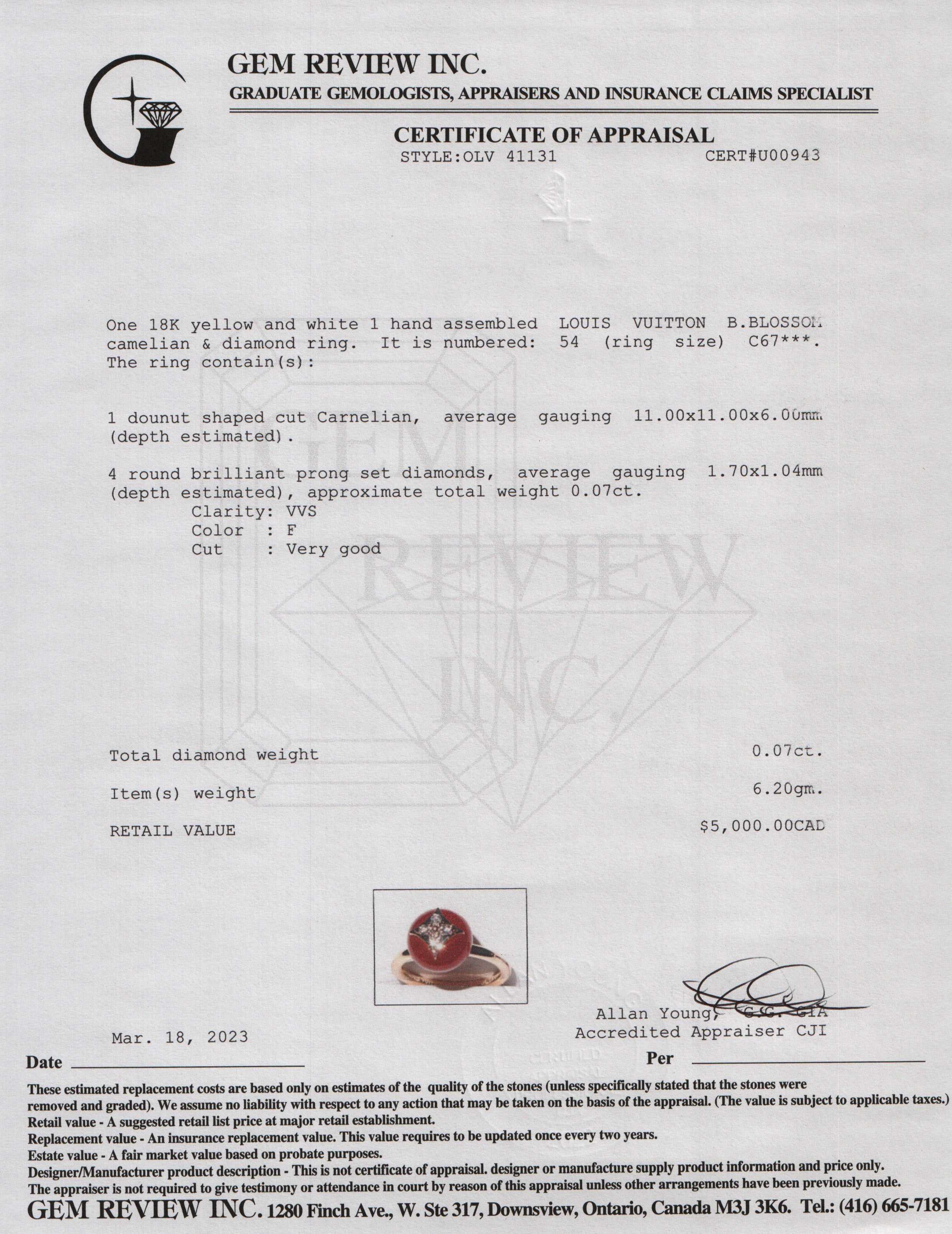 Louis Vuitton 18k Gold Carnelian & Diamond B. Blossom Ring w/ Box