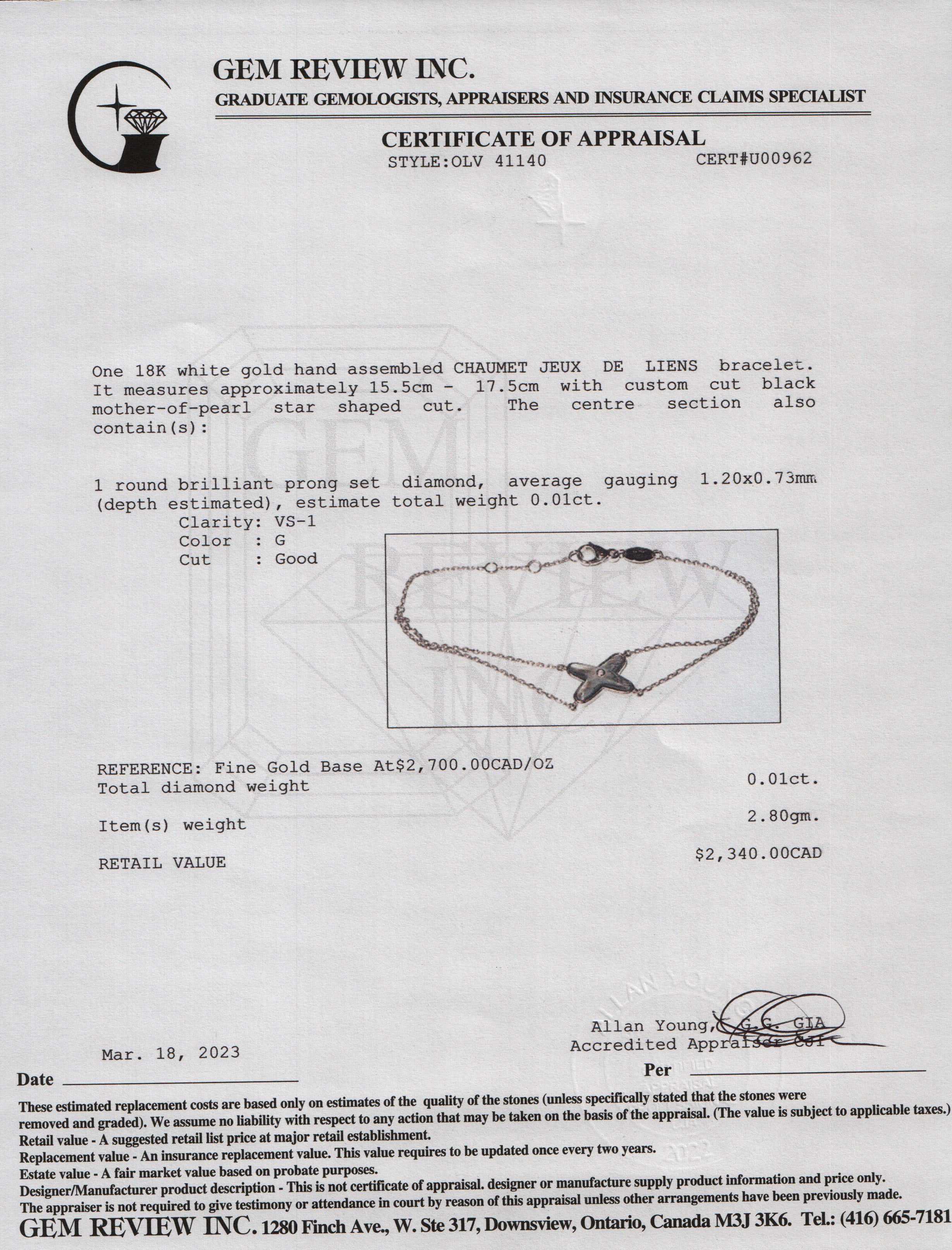 Chaumet 18k White Gold Mother of Pearl & Diamond Jeux de Liens Bracelet