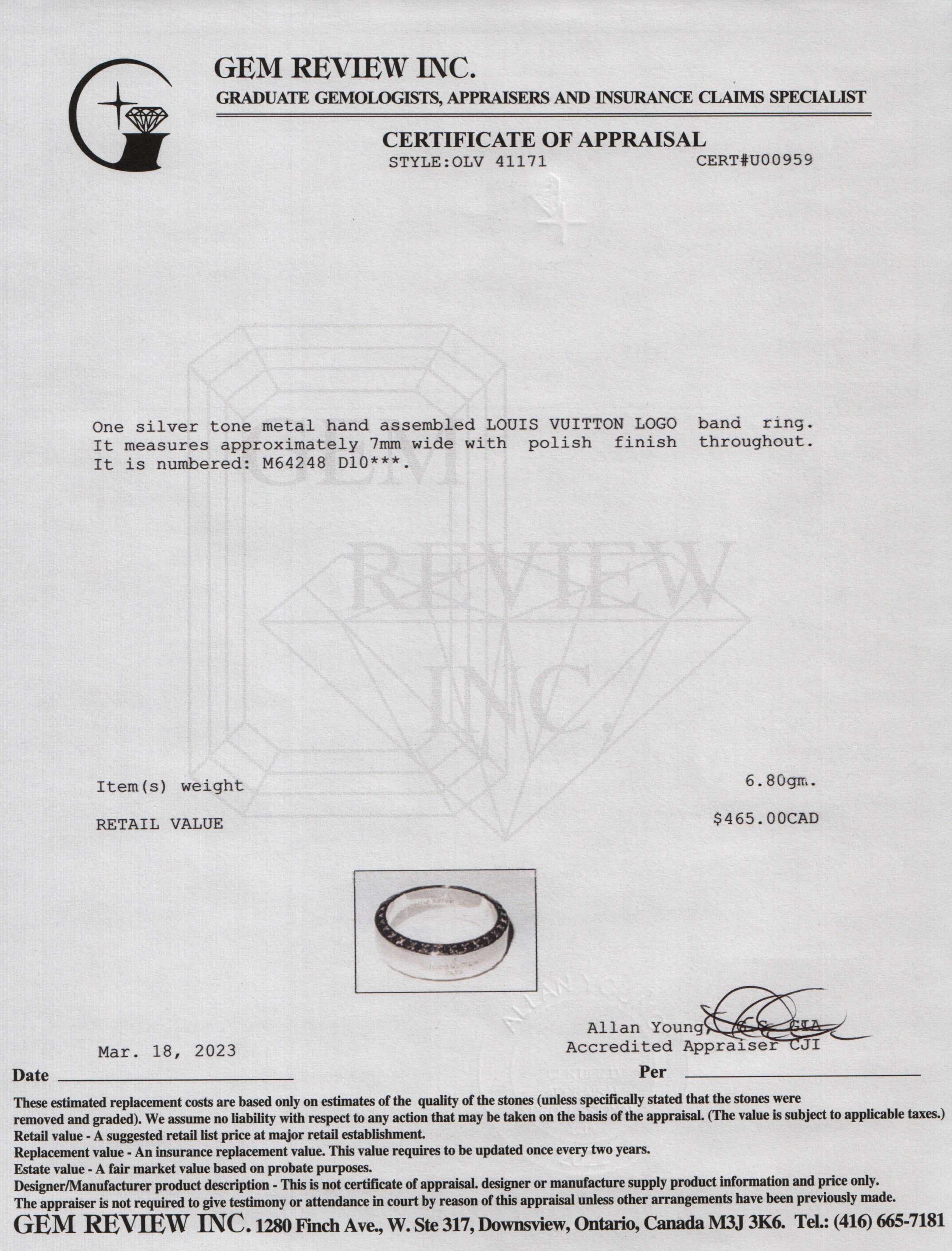 Louis Vuitton Logo Band Ring w/ Box