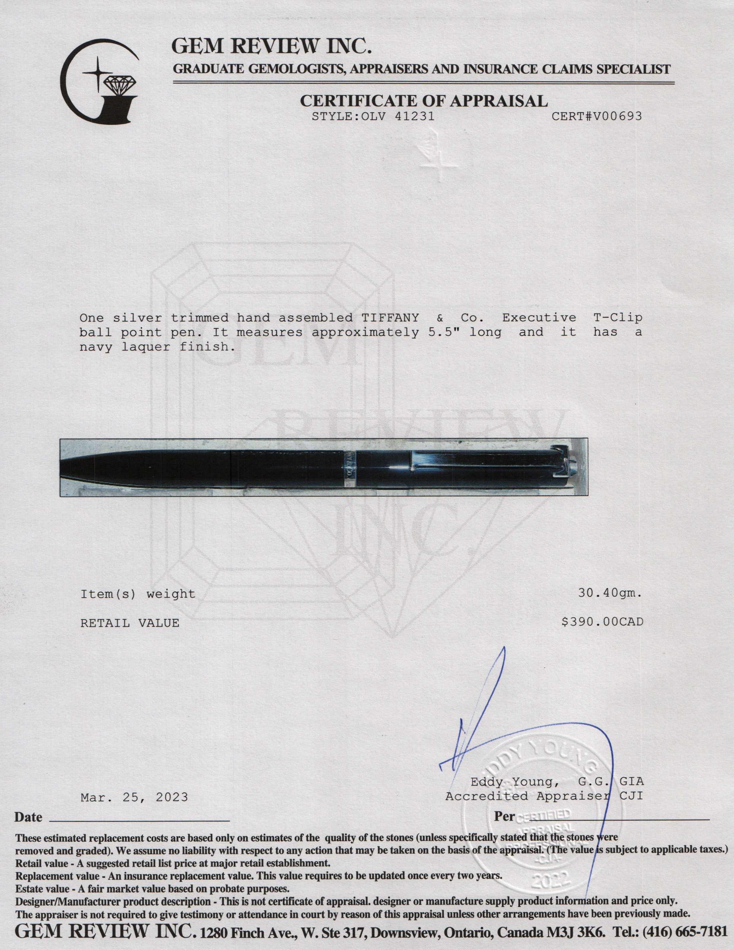 Tiffany & Co. Executive Tiffany T-Clip Ballpoint Pen w/ Box