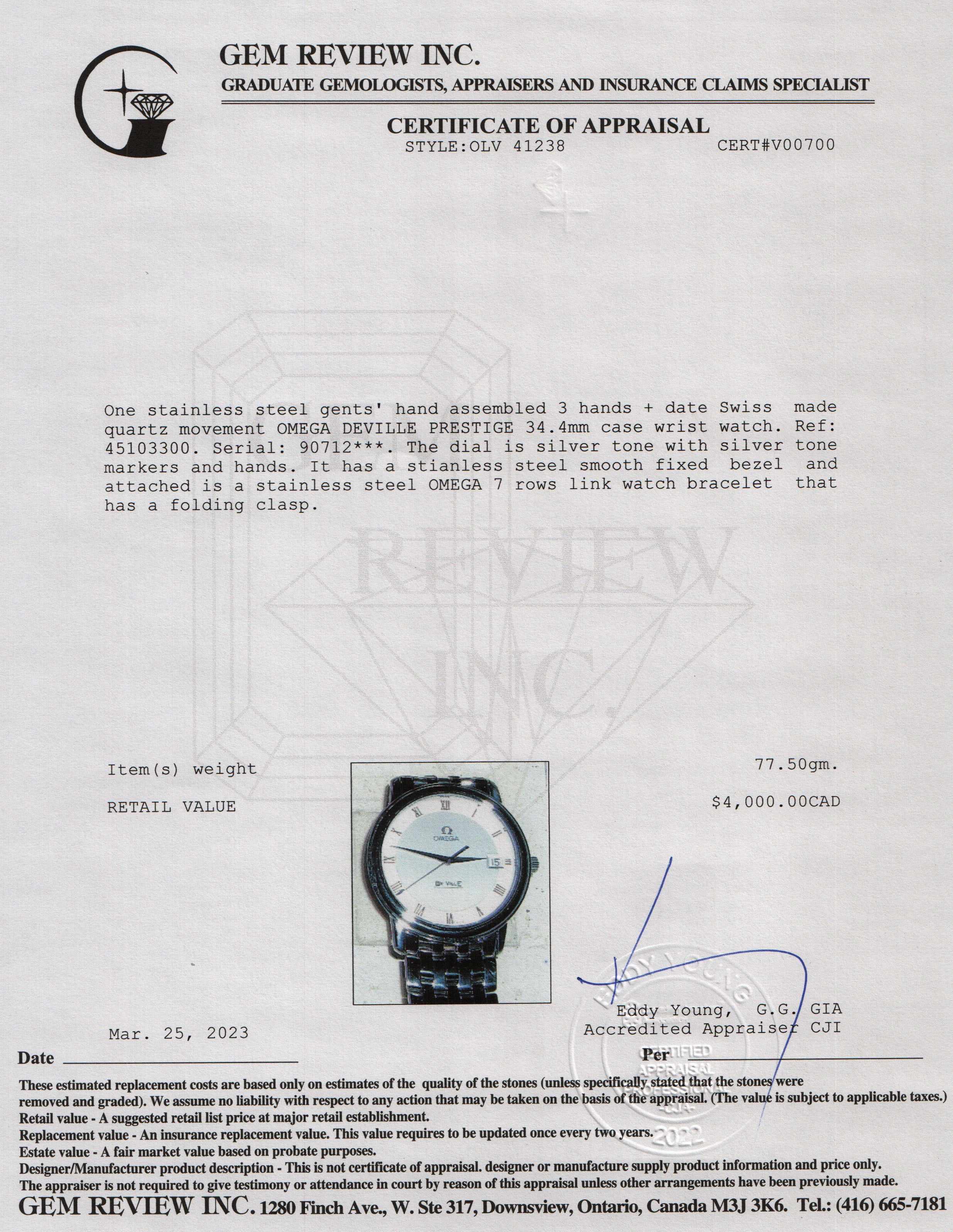 Omega De Ville Prestige Quartz 34.4 mm Watch w/ Box & Papers