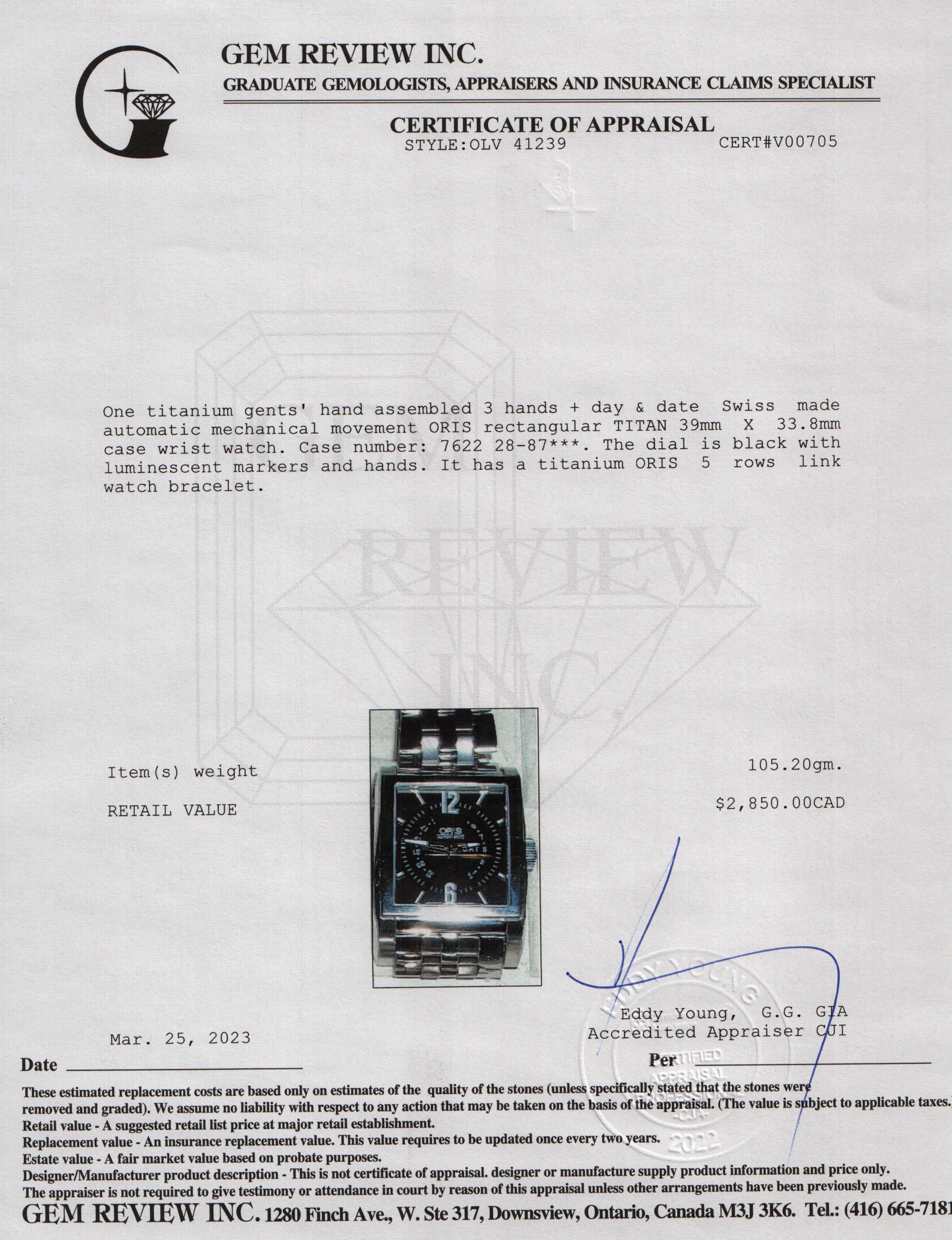 Oris Rectangular Titan Day Date Automatic Watch w/ Box & Papers