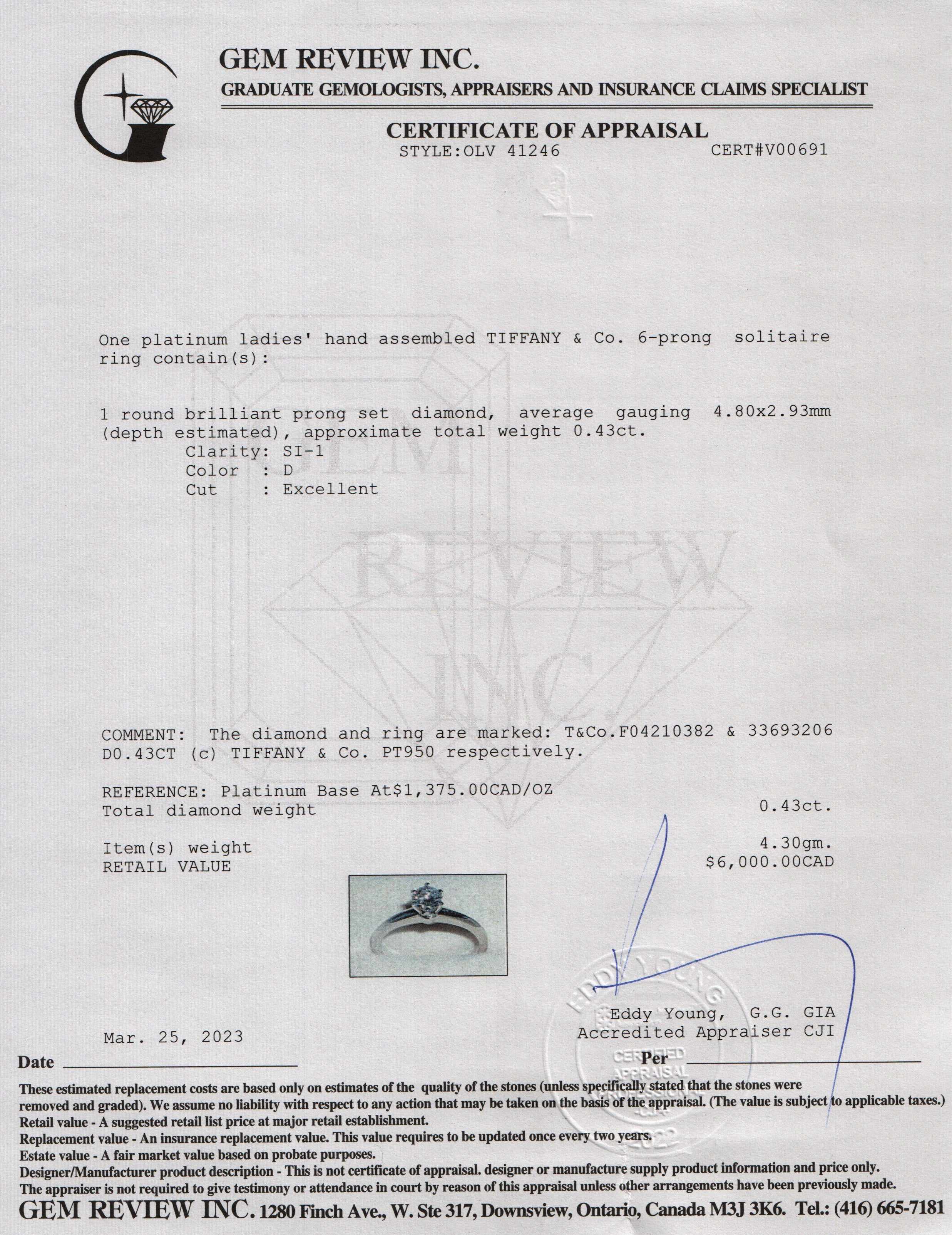 Tiffany & Co. Solitaire 0.43 ct. Diamond Engagement Ring