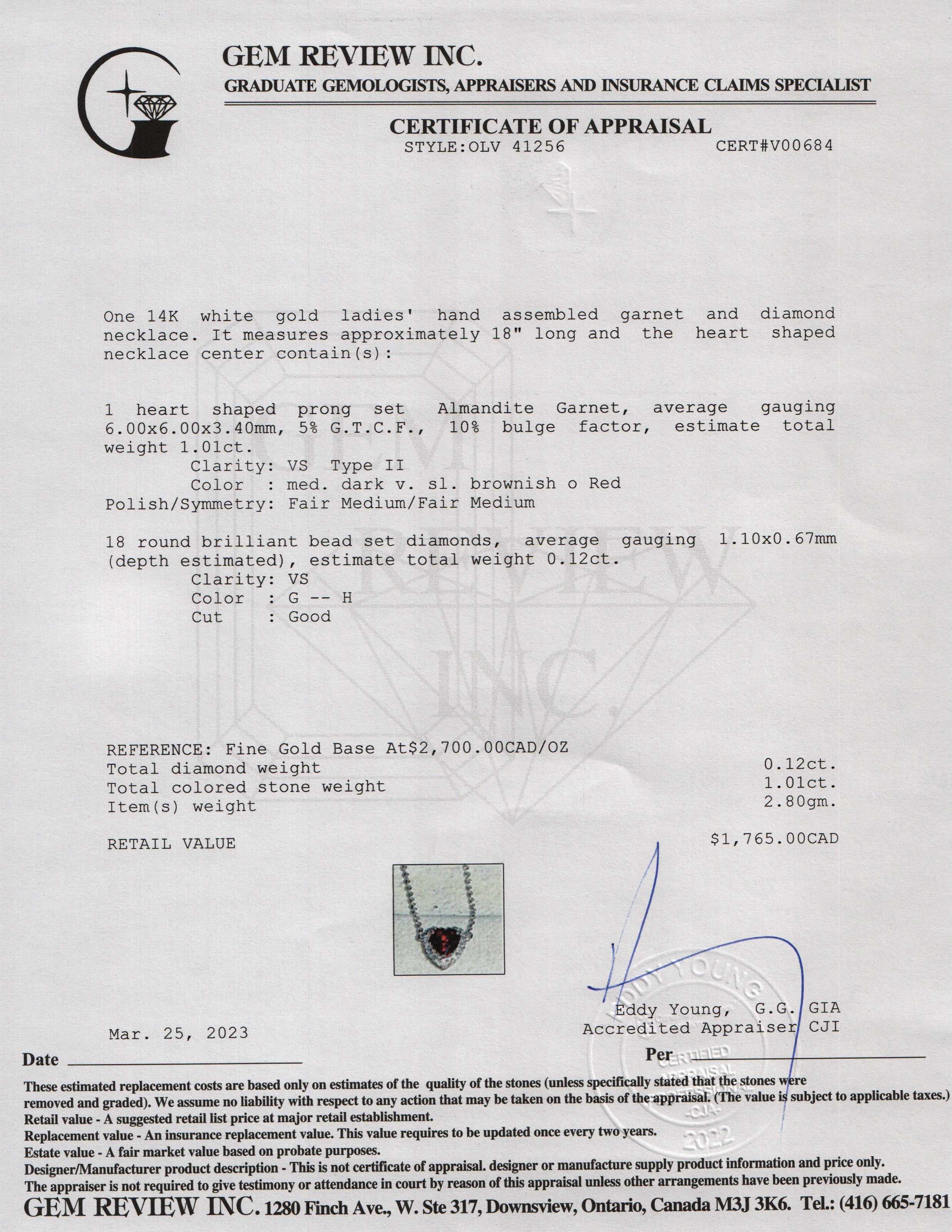 14k White Gold Garnet & Diamond Heart Pendant Necklace