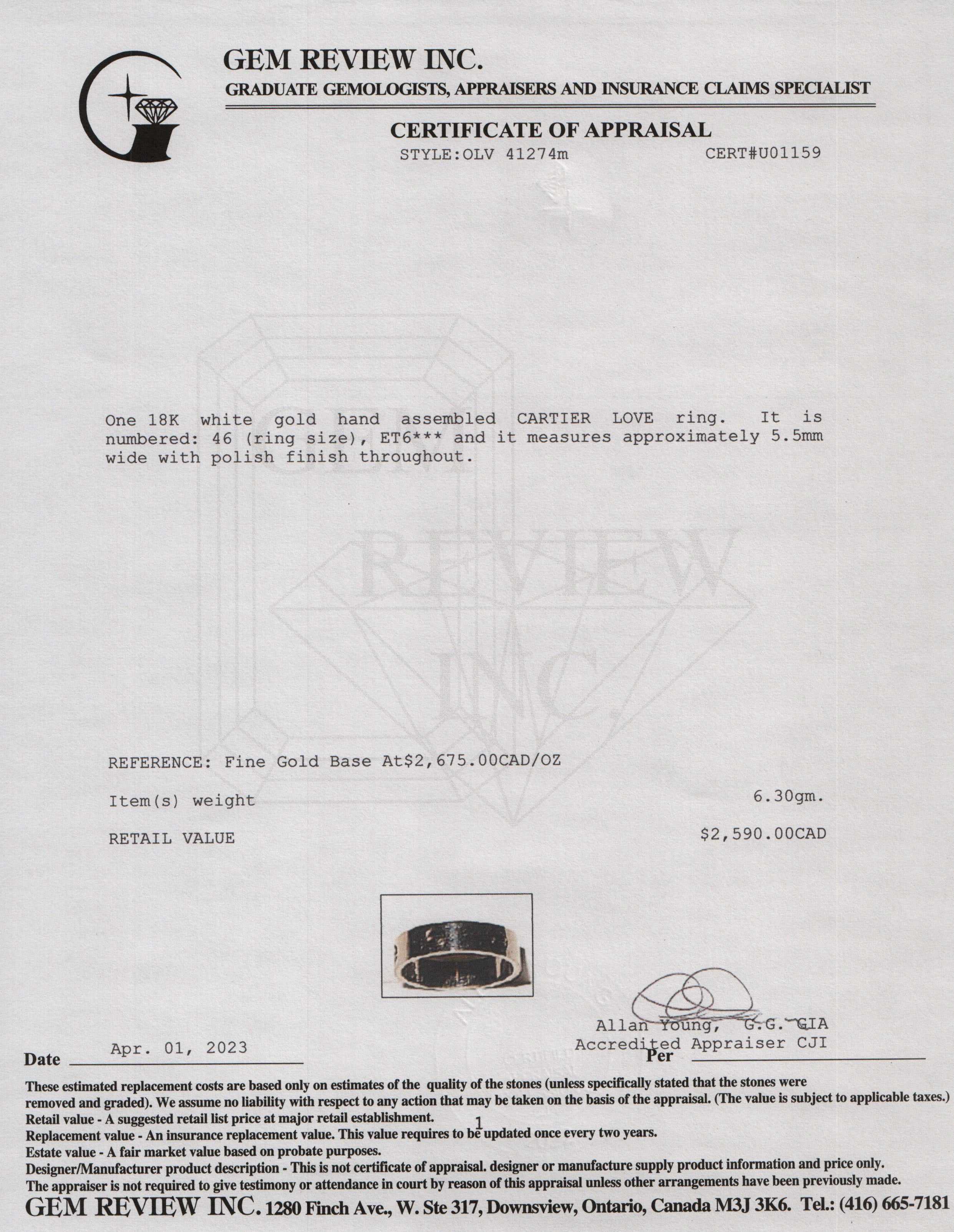 Cartier 18k White Gold Love Ring w/ Box