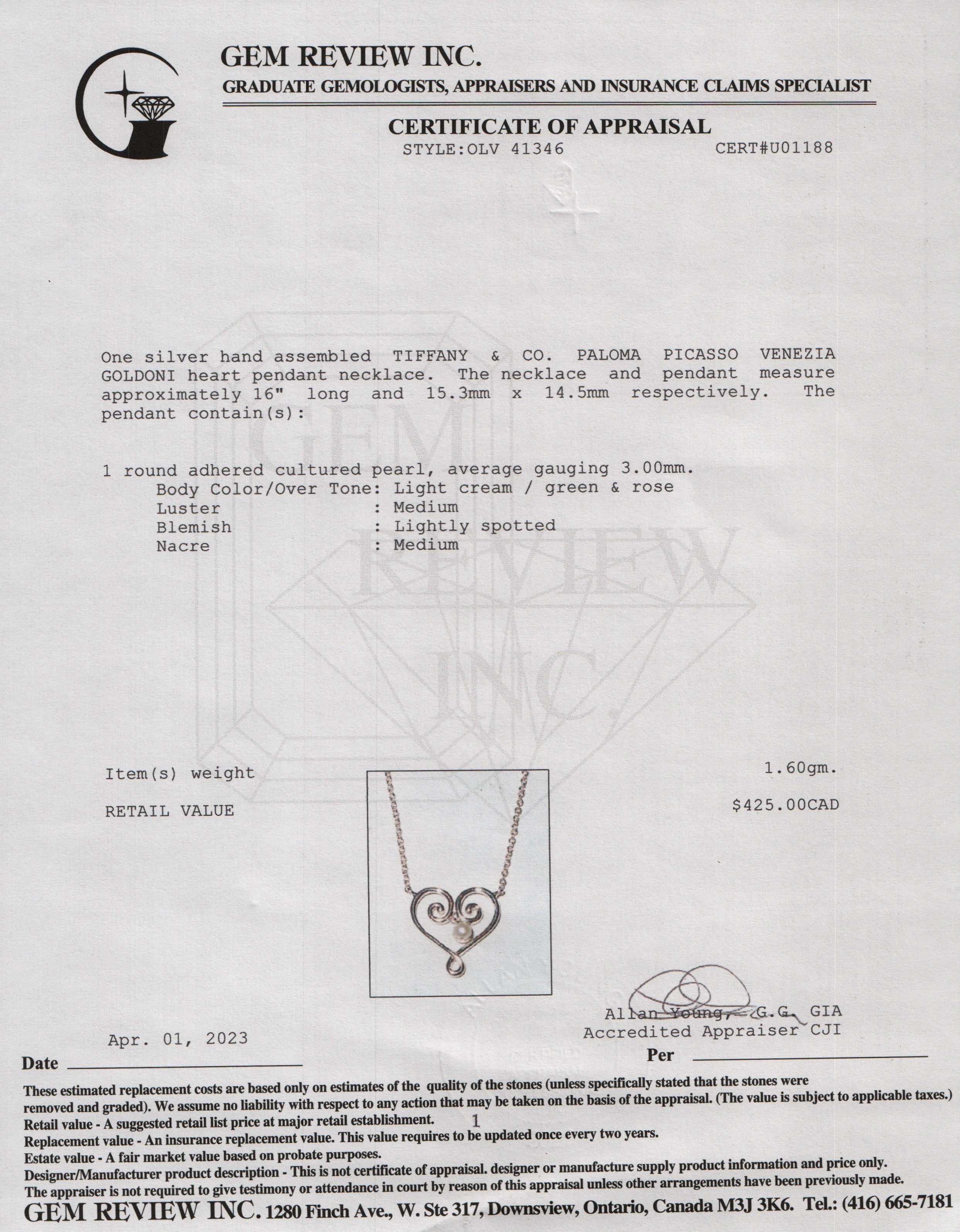 Tiffany & Co. Paloma Picasso Venezia Goldoni Heart Pendant Necklace