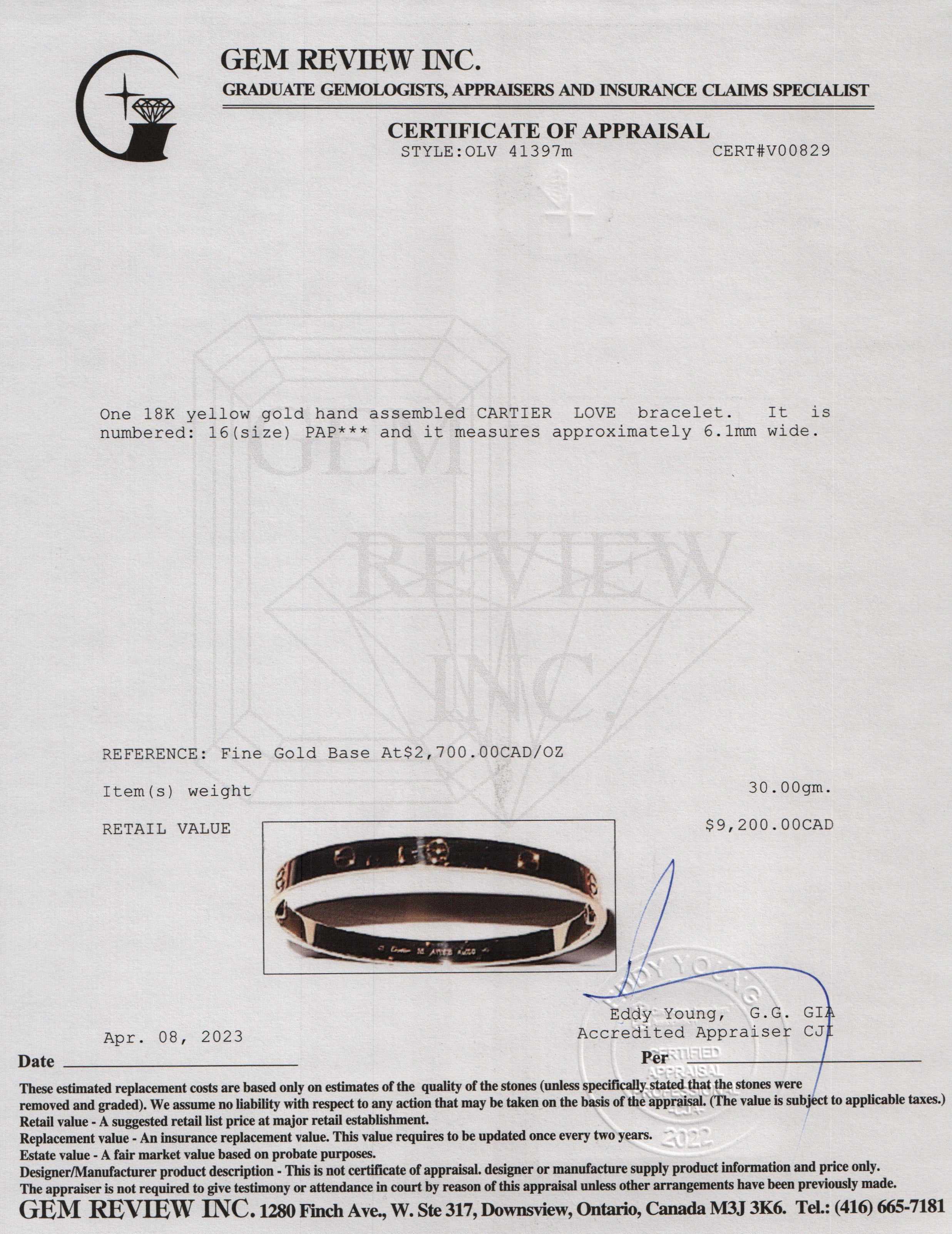 Cartier 18k Yellow Gold Love Bracelet w/ Box & Certificate