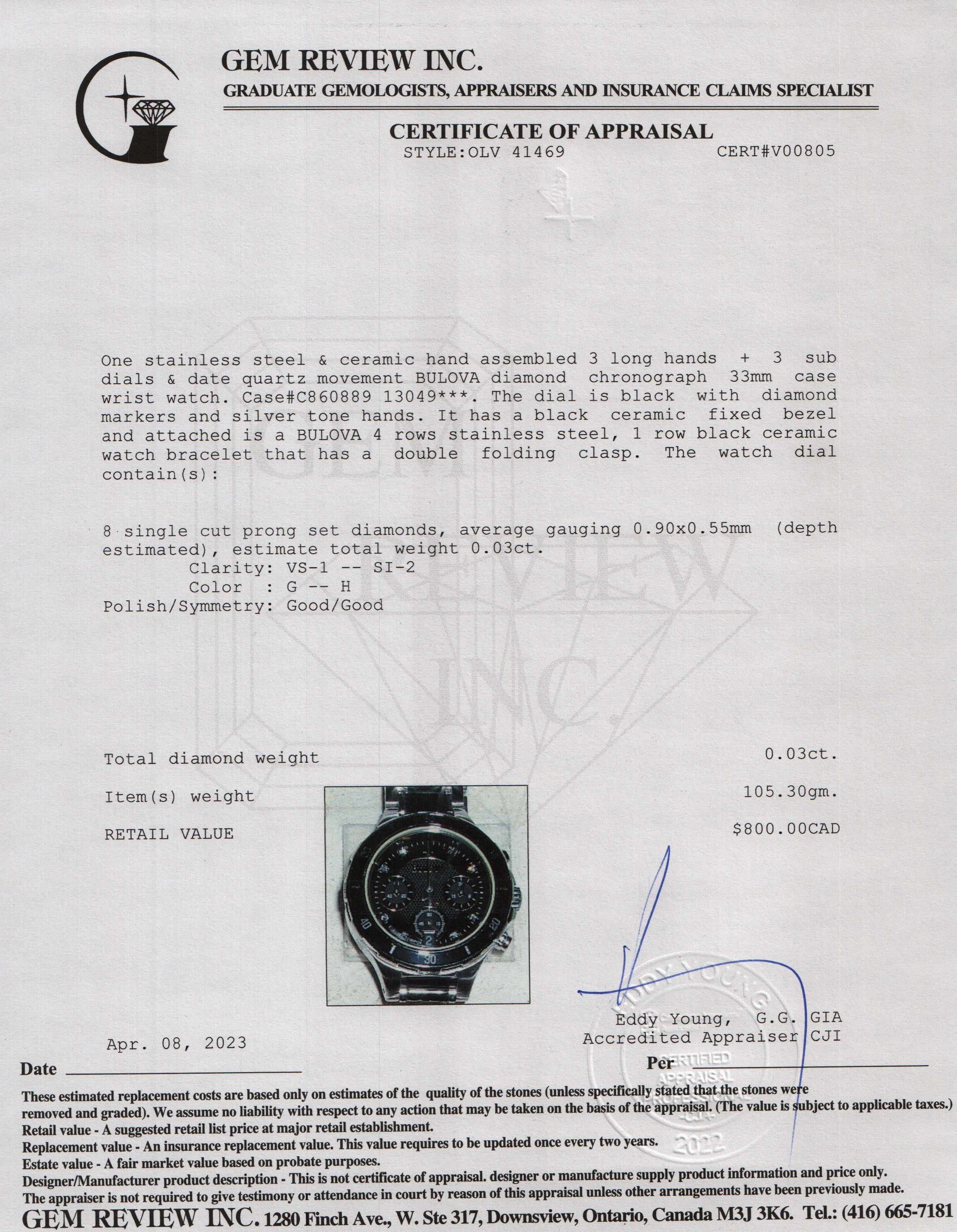 Bulova Diamond Chronograph 33 mm Quartz Watch w/ Box