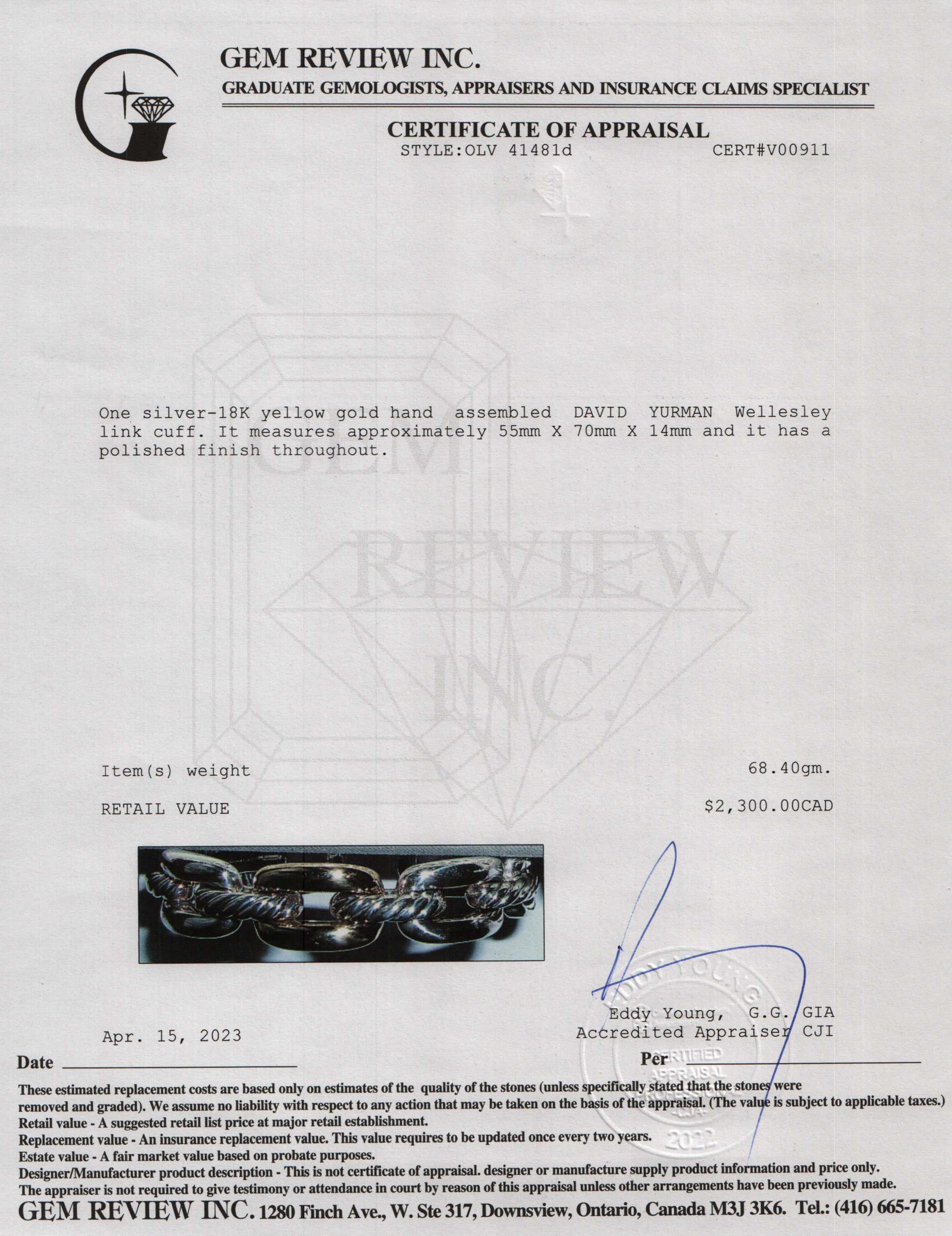 David Yurman Sterling Silver & 18k Yellow Wellesley Link Cuff Bracelet w/ Box & Receipt