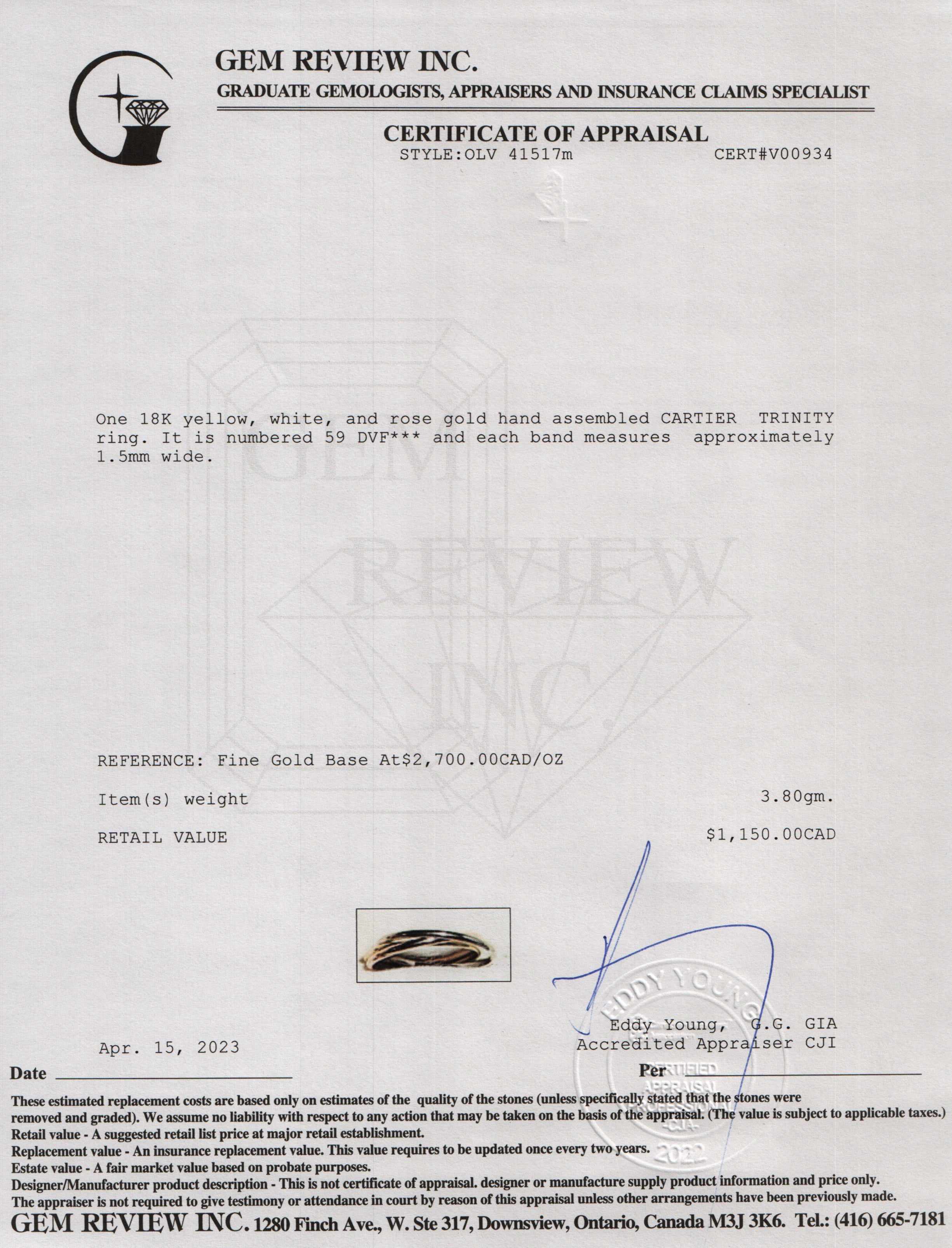 Cartier Trinity Rolling Ring, XS Model w/ Certificate & Receipt