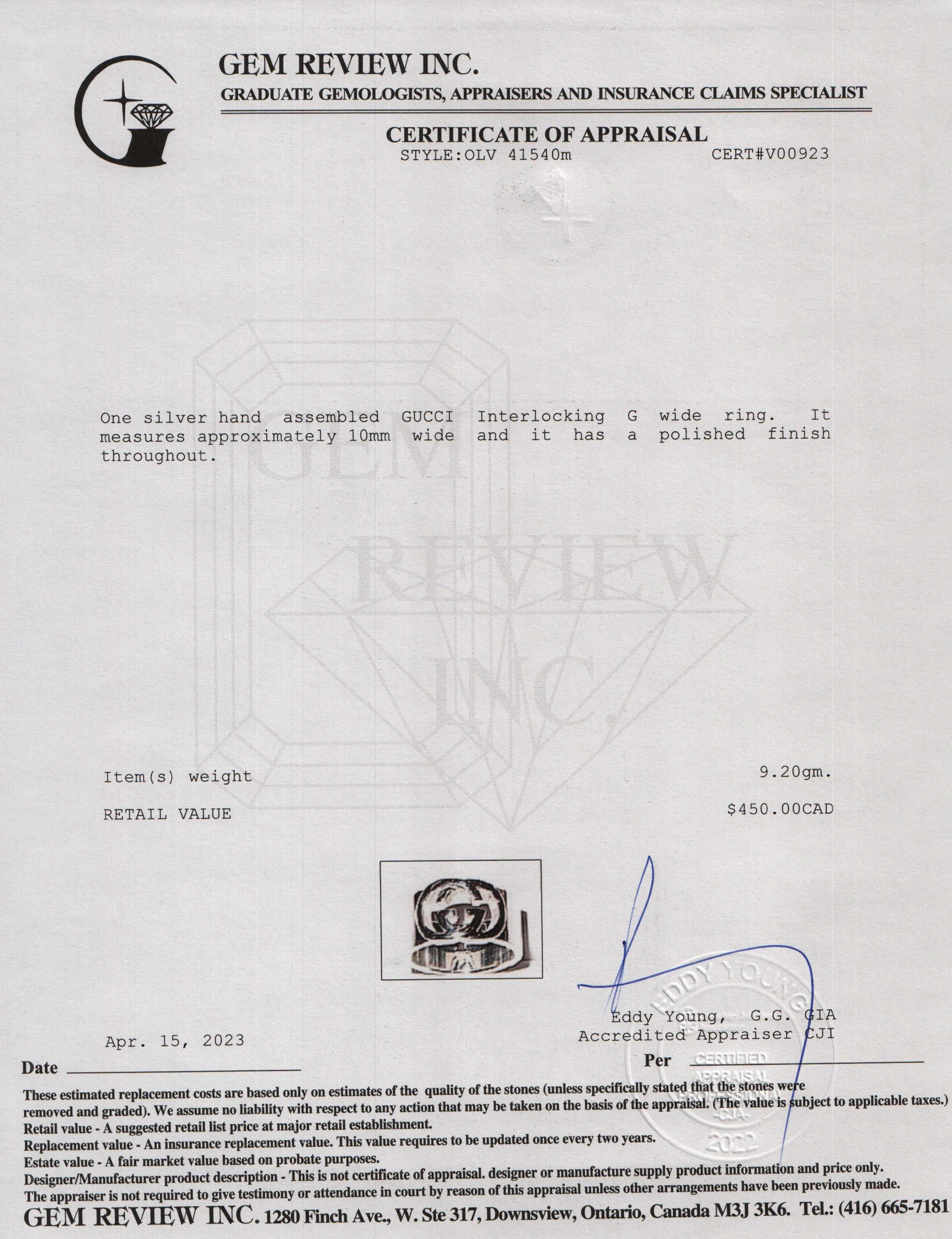 Gucci Sterling Silver Interlocking G Wide Ring