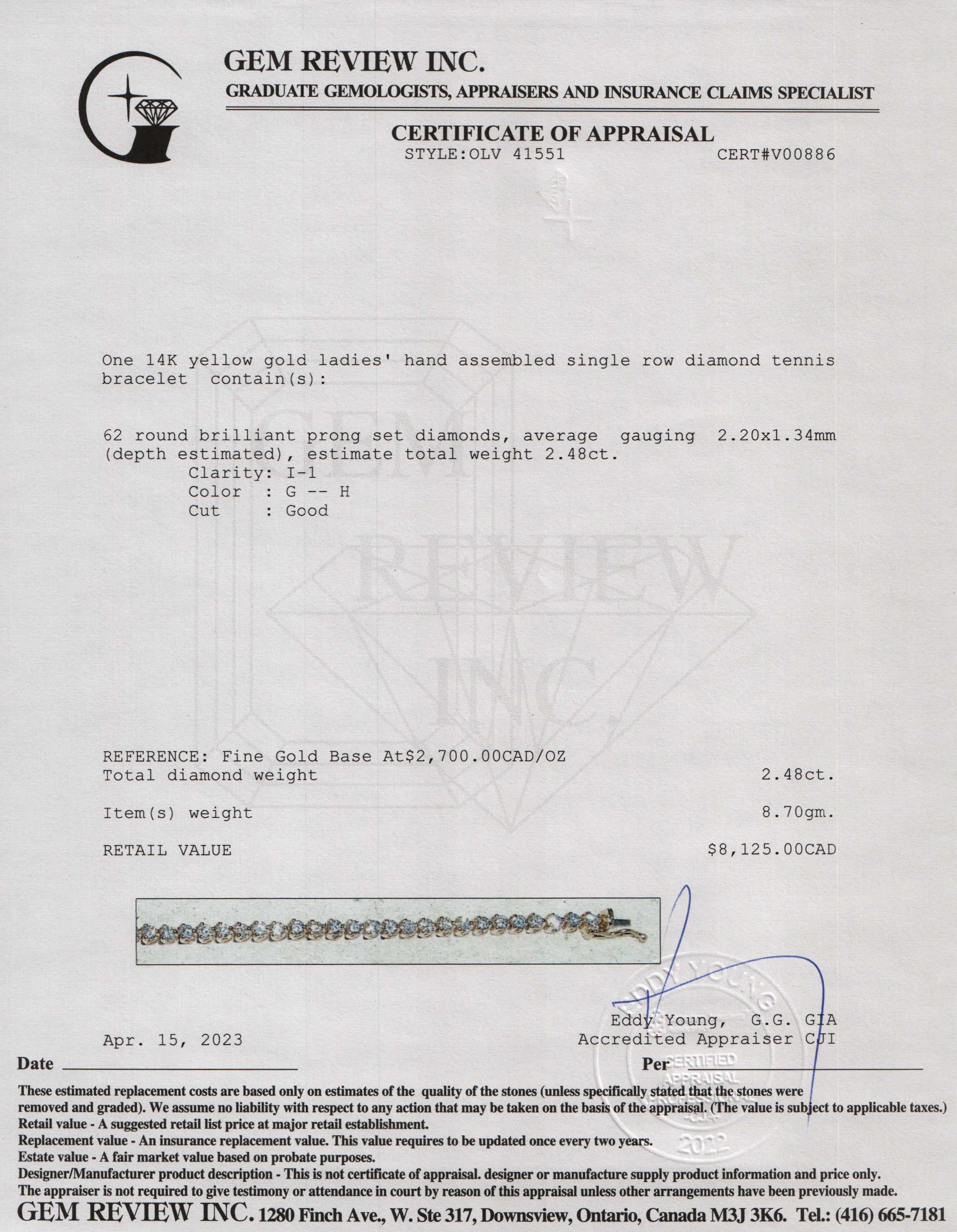 14k Yellow Gold 2.48 tcw. Diamond Tennis Bracelet