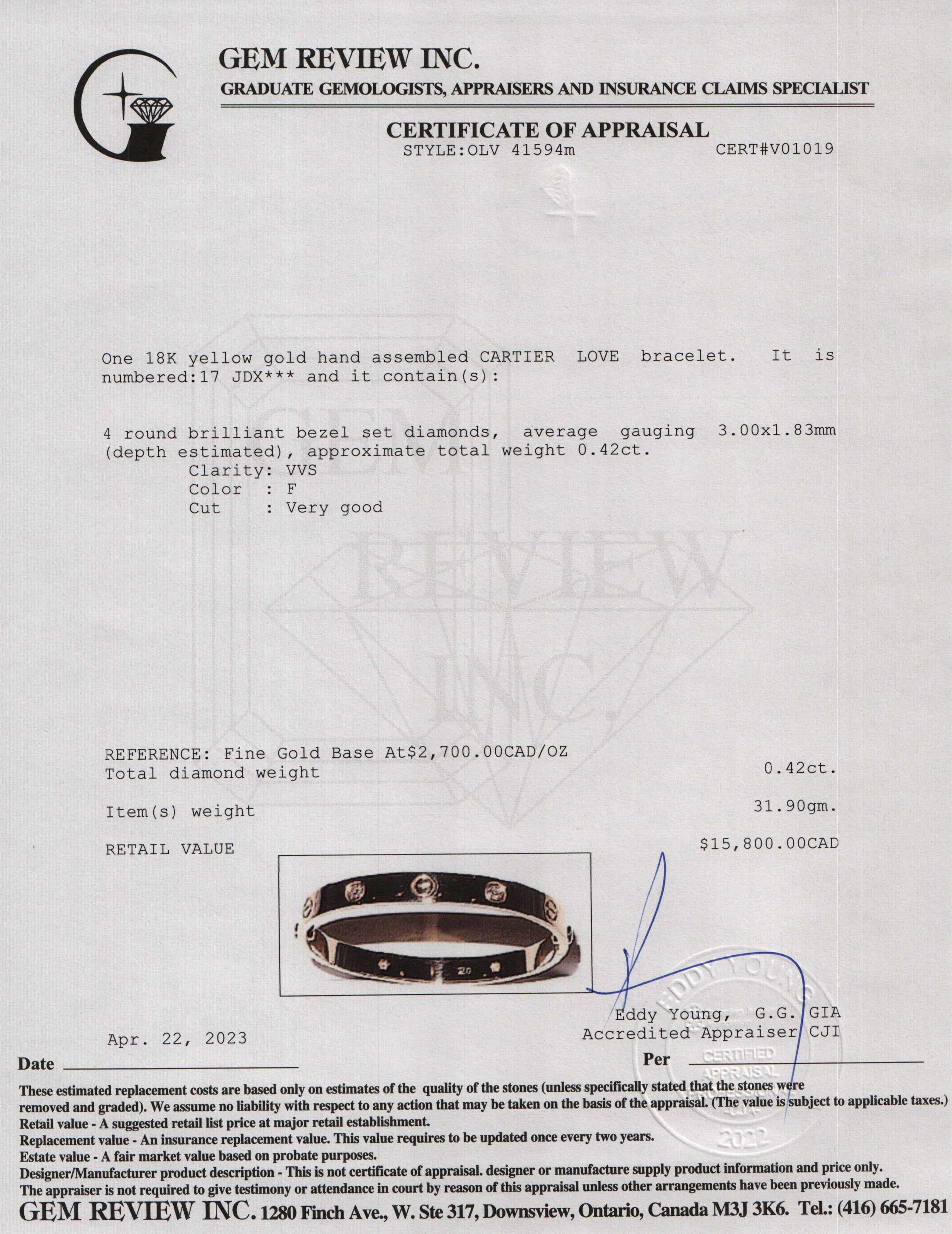 Cartier 18k Yellow Gold 4 Diamond Love Bracelet w/ Box, Receipt & Certificate
