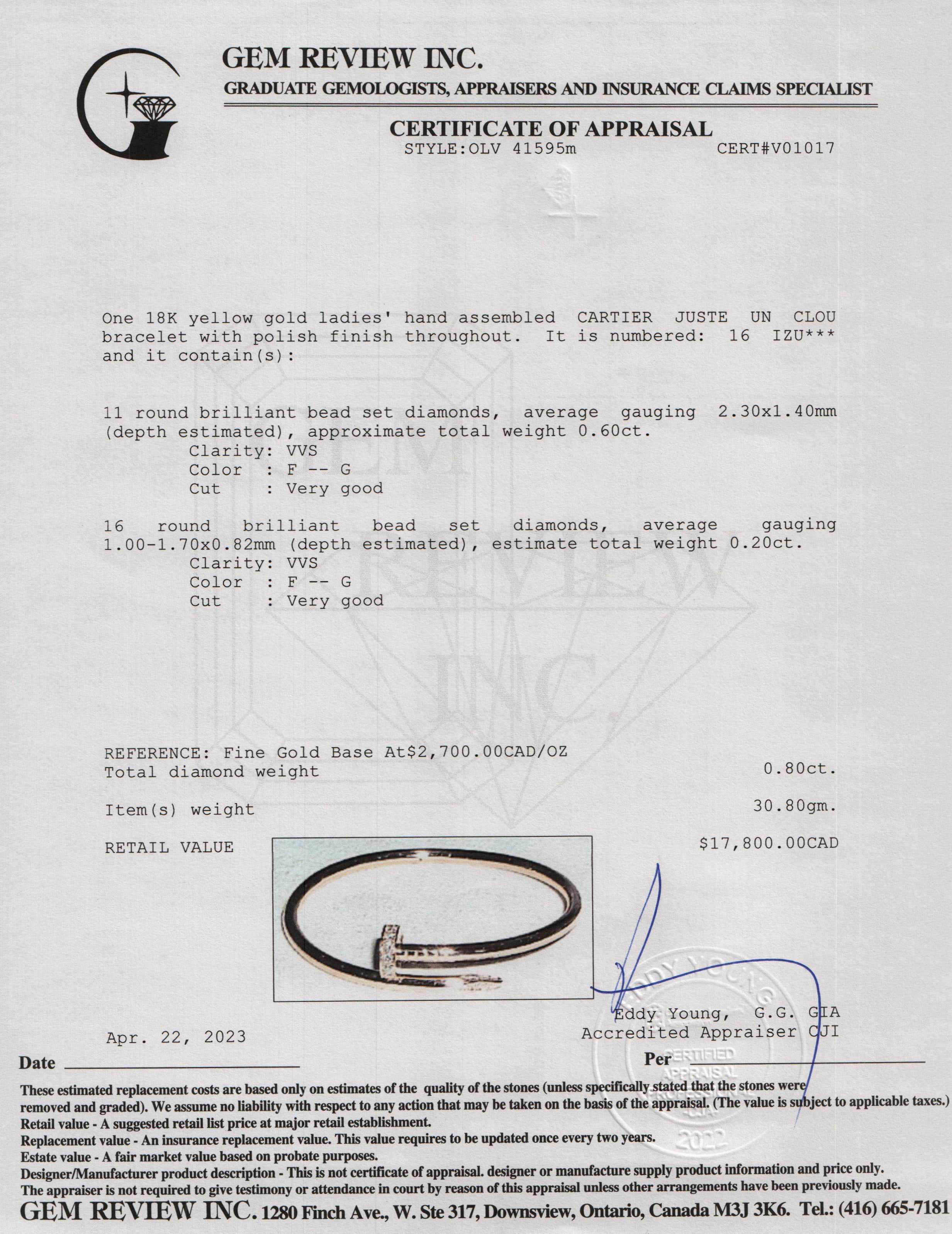 Cartier 18k Yellow Gold Juste Un Clou Diamond Bracelet w/ Box, Receipt & Certificate