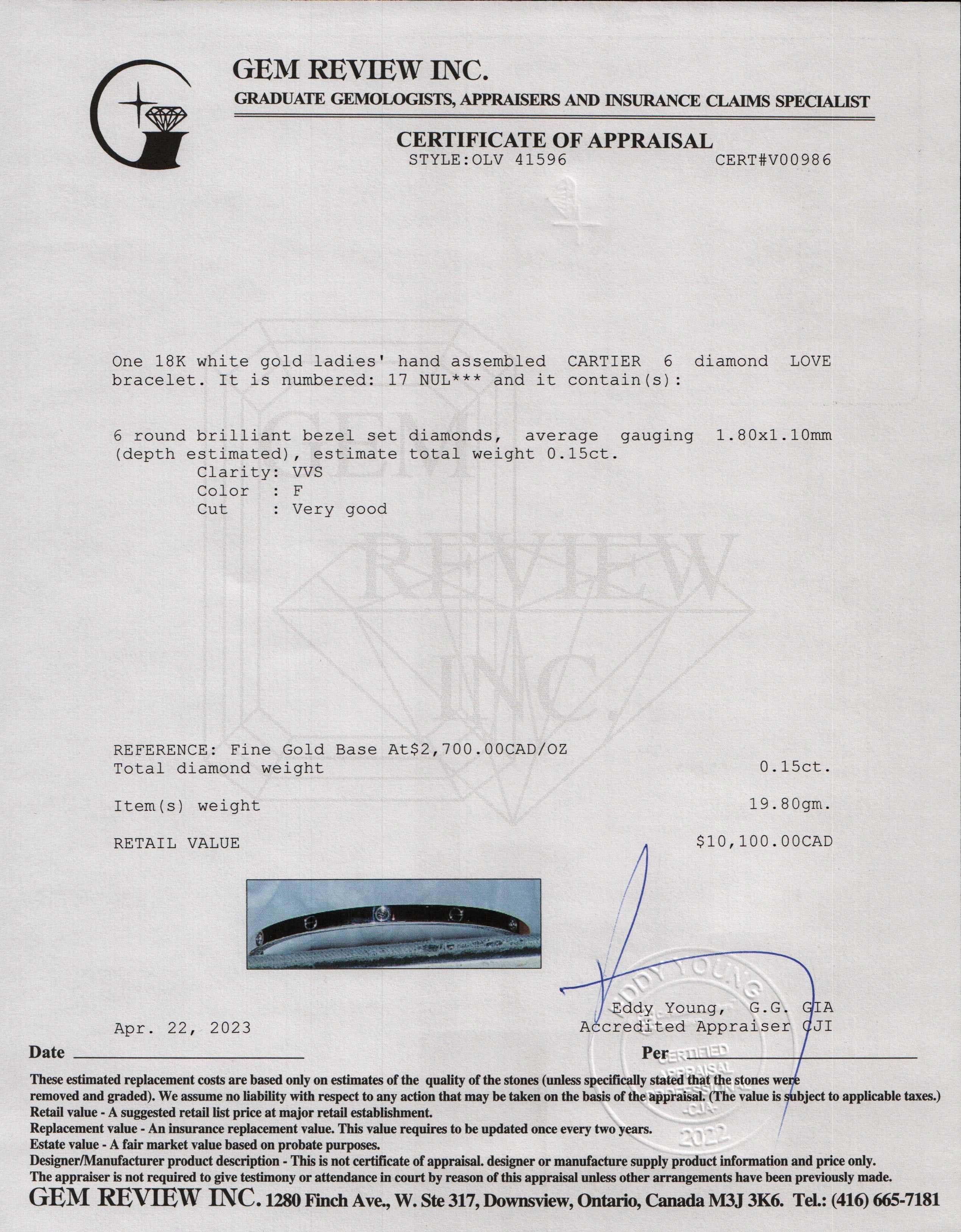 Cartier 18k White Gold 6 Diamond Love Bracelet, Small Model w/ Box & Receipt