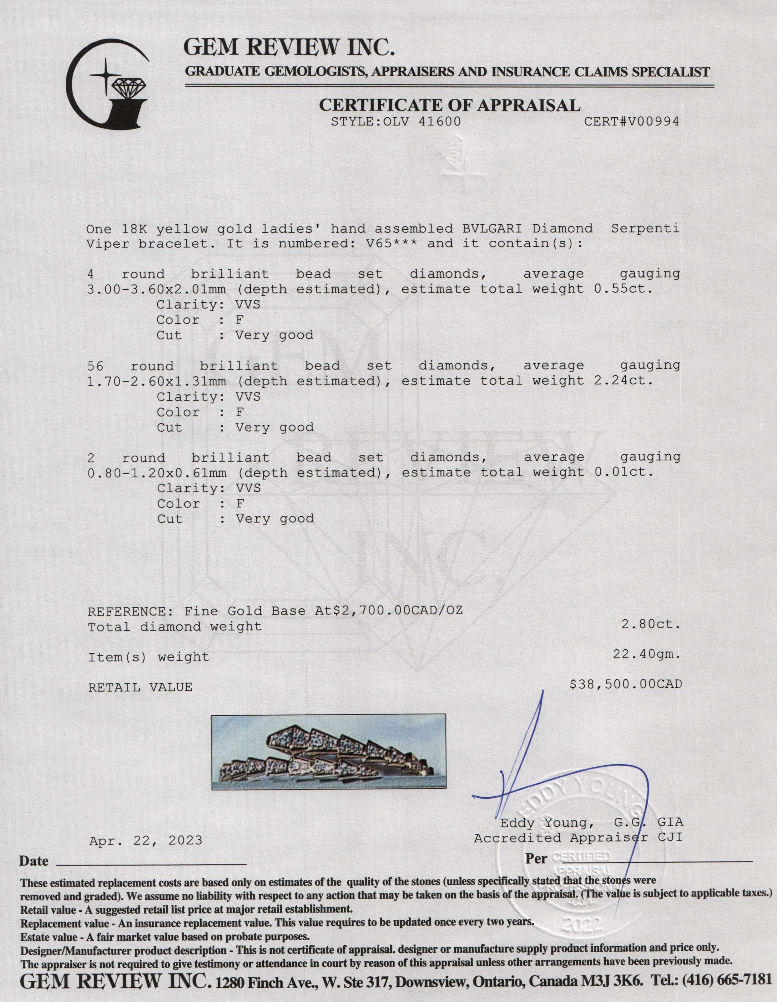 BVLGARI 18k Yellow Gold Diamond Serpenti Viper Bracelet w/ Box