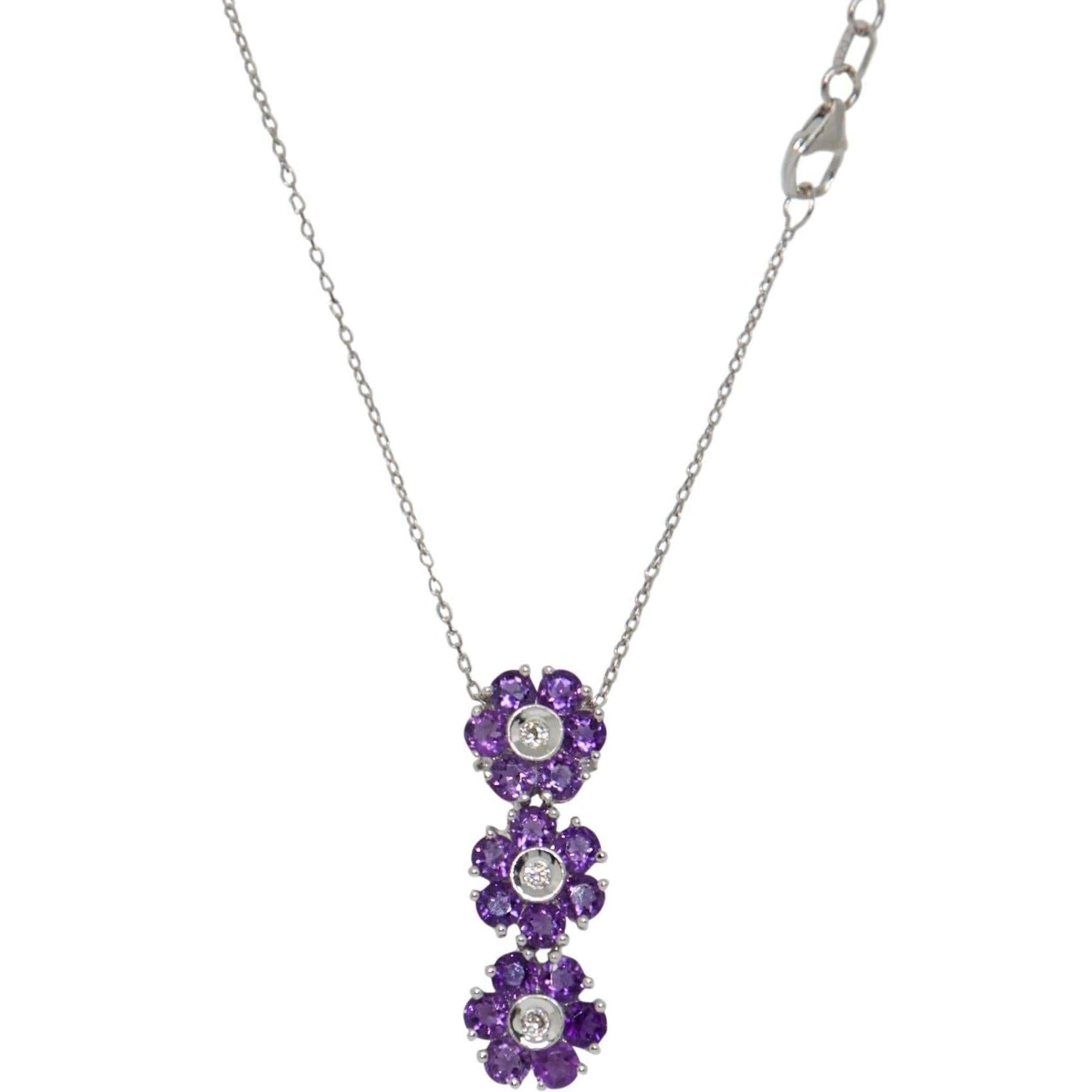 Amethyst and Diamond Flower Drop Pendant Necklace