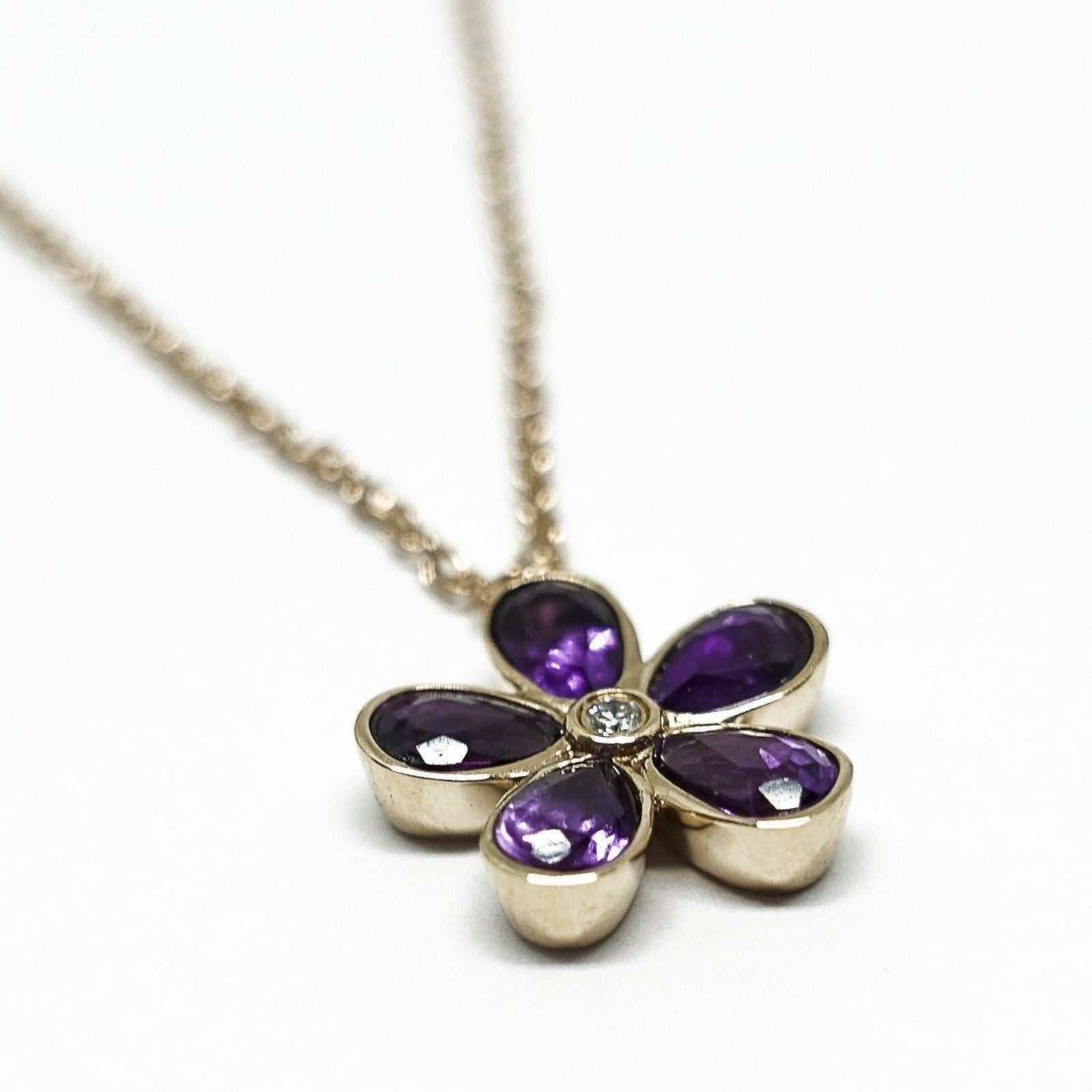 Amethyst and Diamond Flower Pendant Necklace