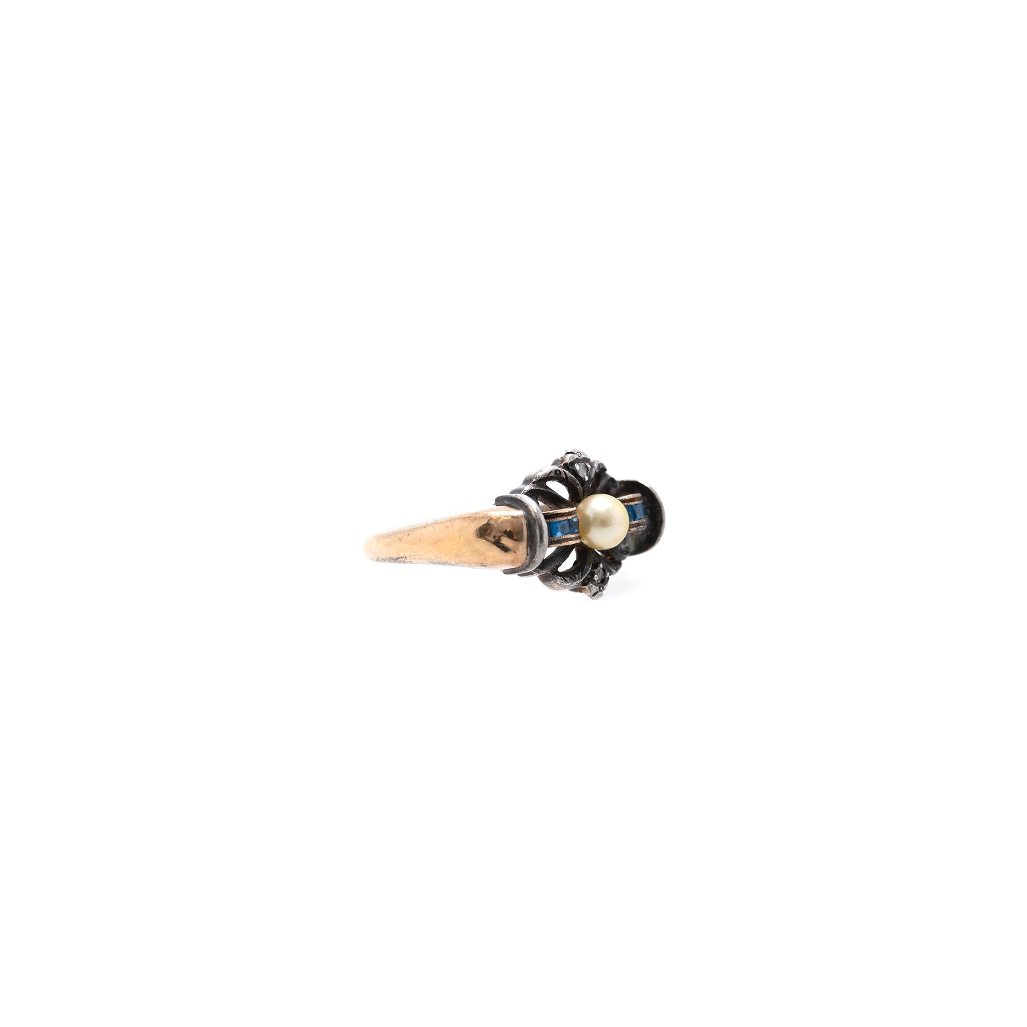 Antique 18k Gold Pearl, Diamond & Blue Spinel Ring