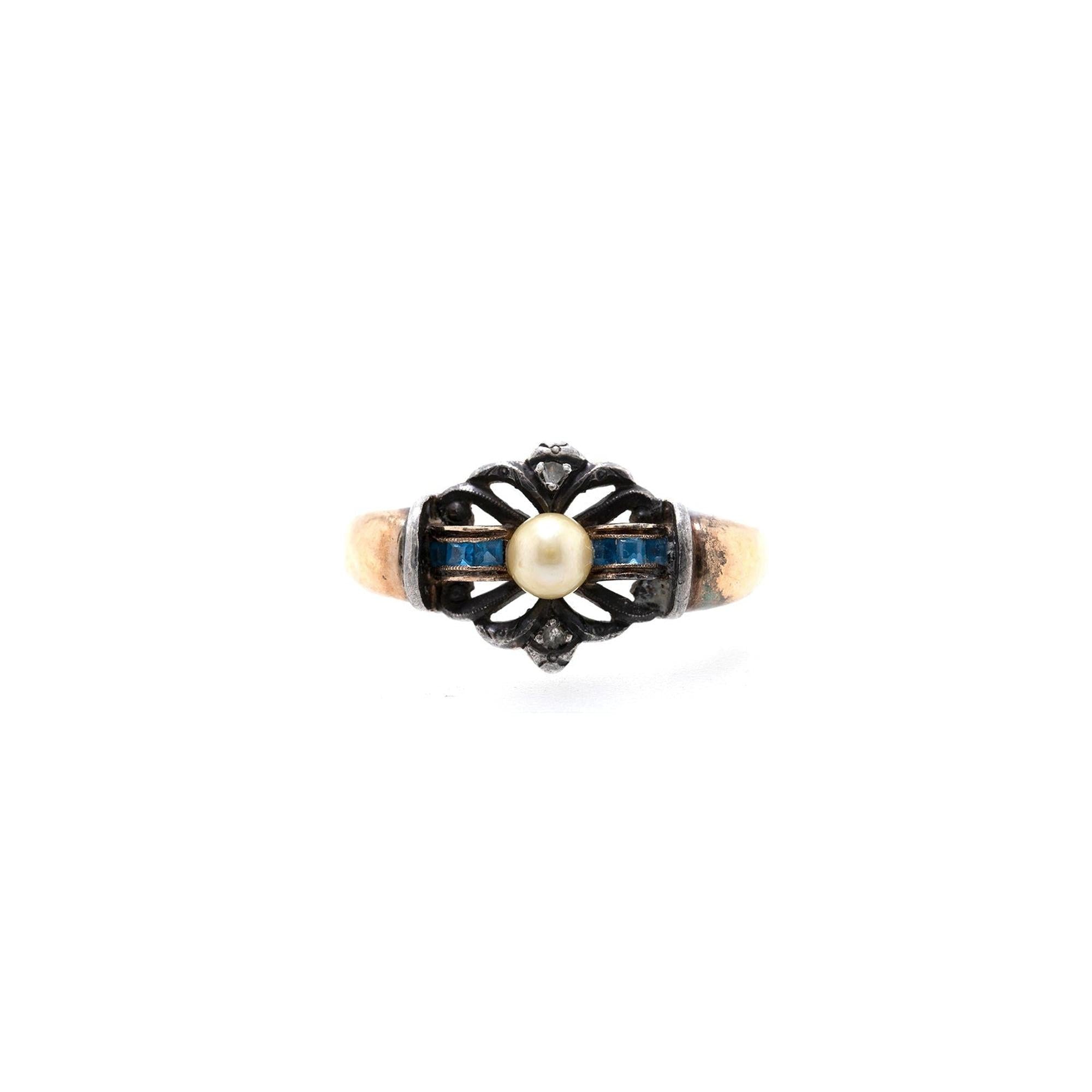 Antique 18k Gold Pearl, Diamond & Blue Spinel Ring