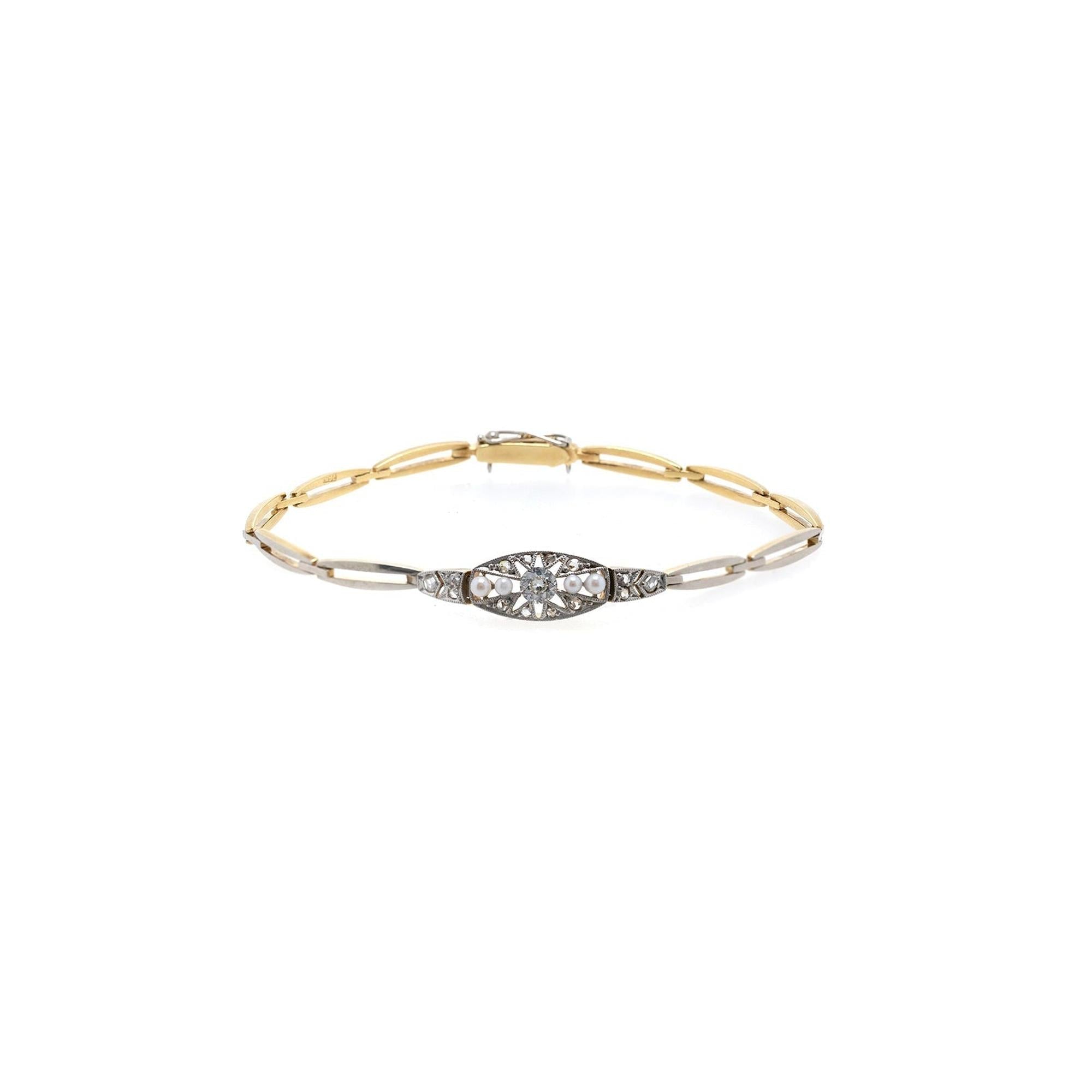 Antique 18k Gold & Platinum Diamond & Pearl Bracelet