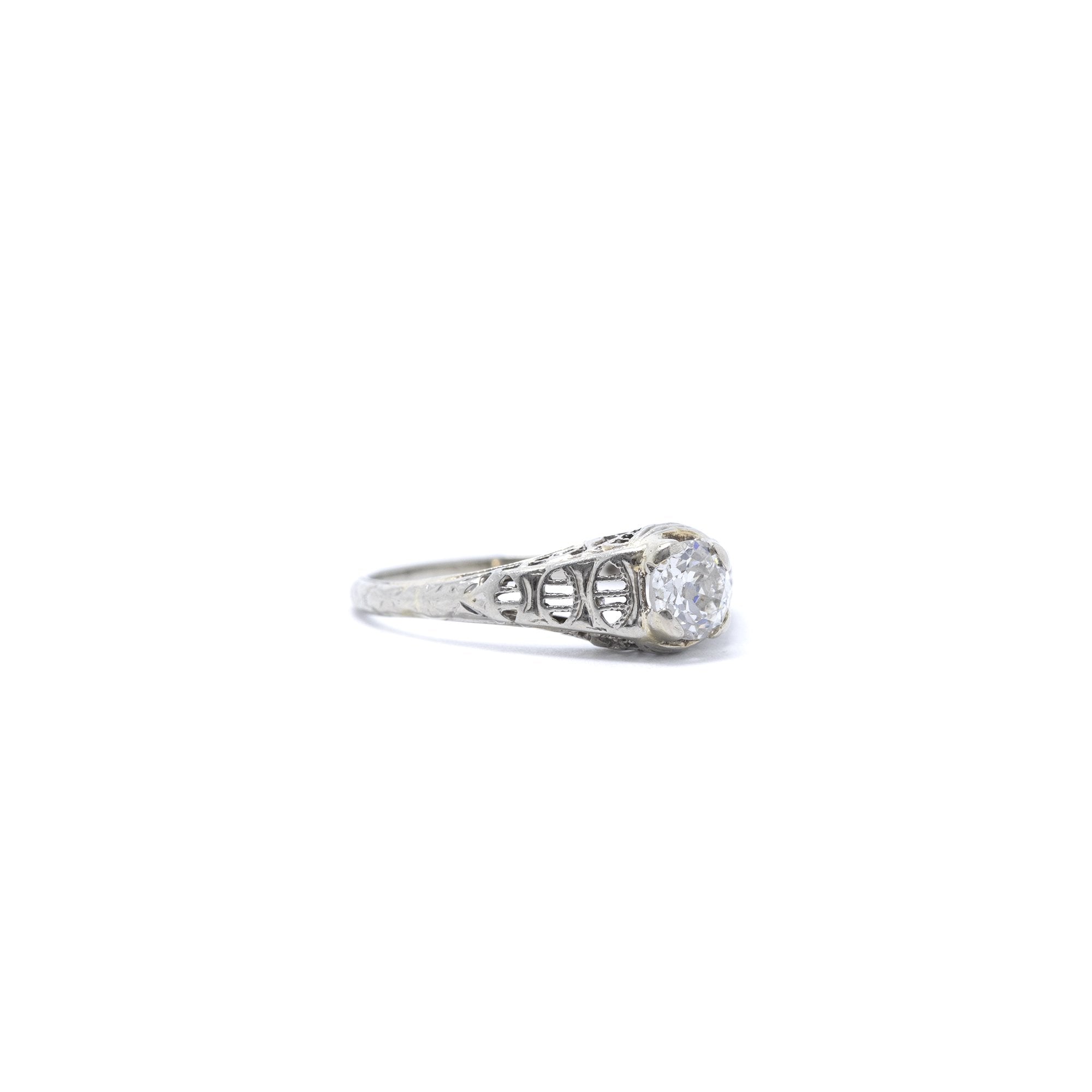 Antique 18k White Gold Filigree Solitaire Diamond Ring