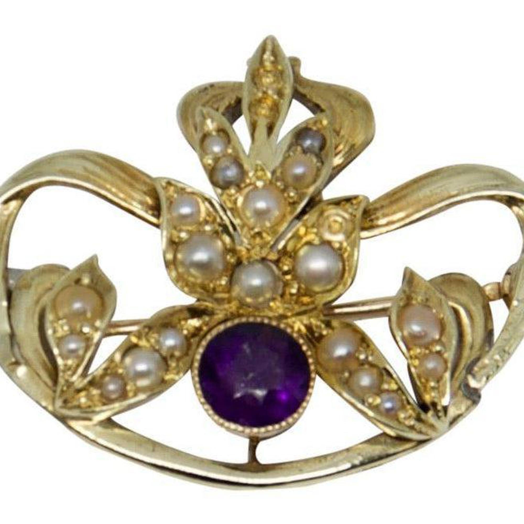 Antique Amethyst and Seed Pearl Brooch