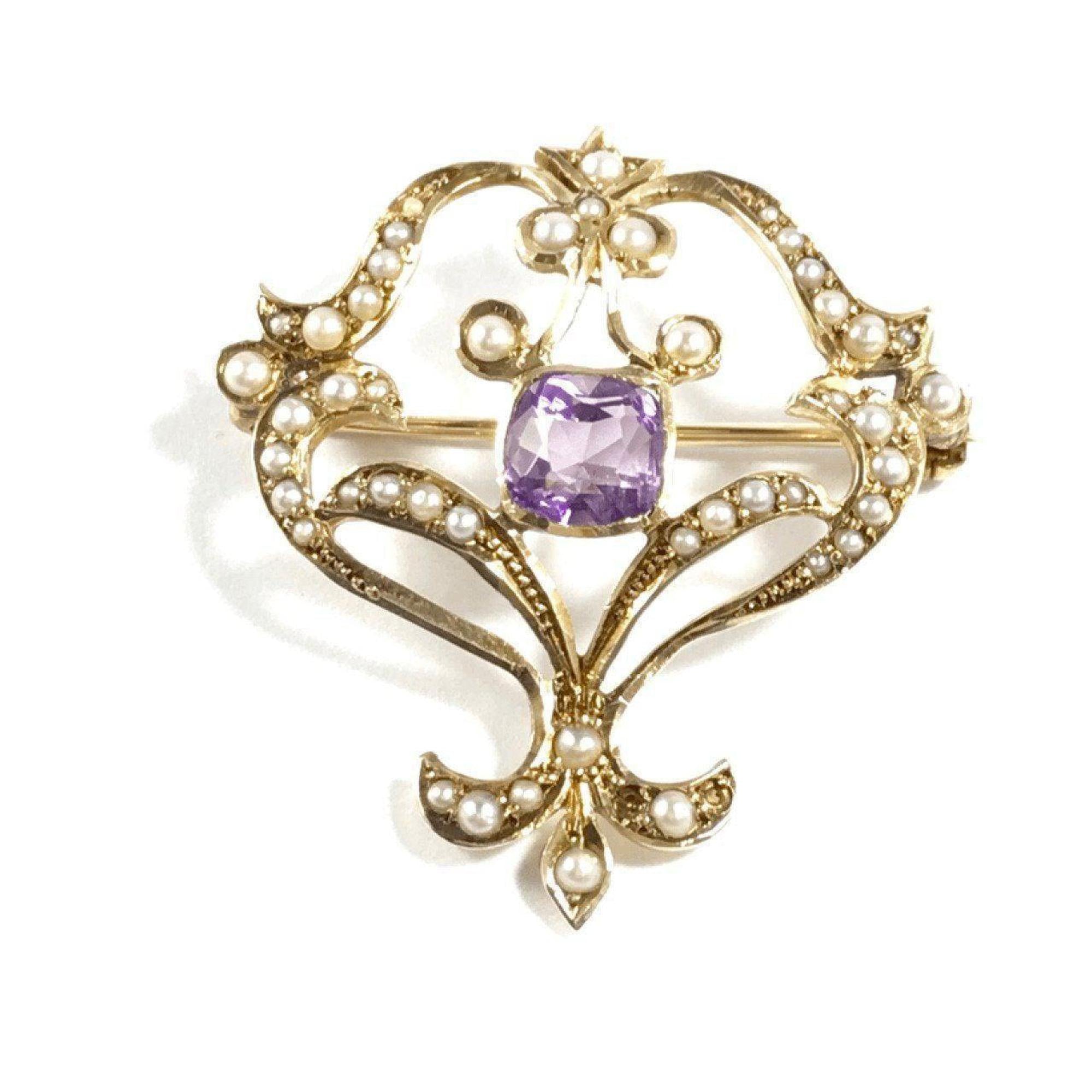 Antique Amethyst and Seed Pearl Brooch