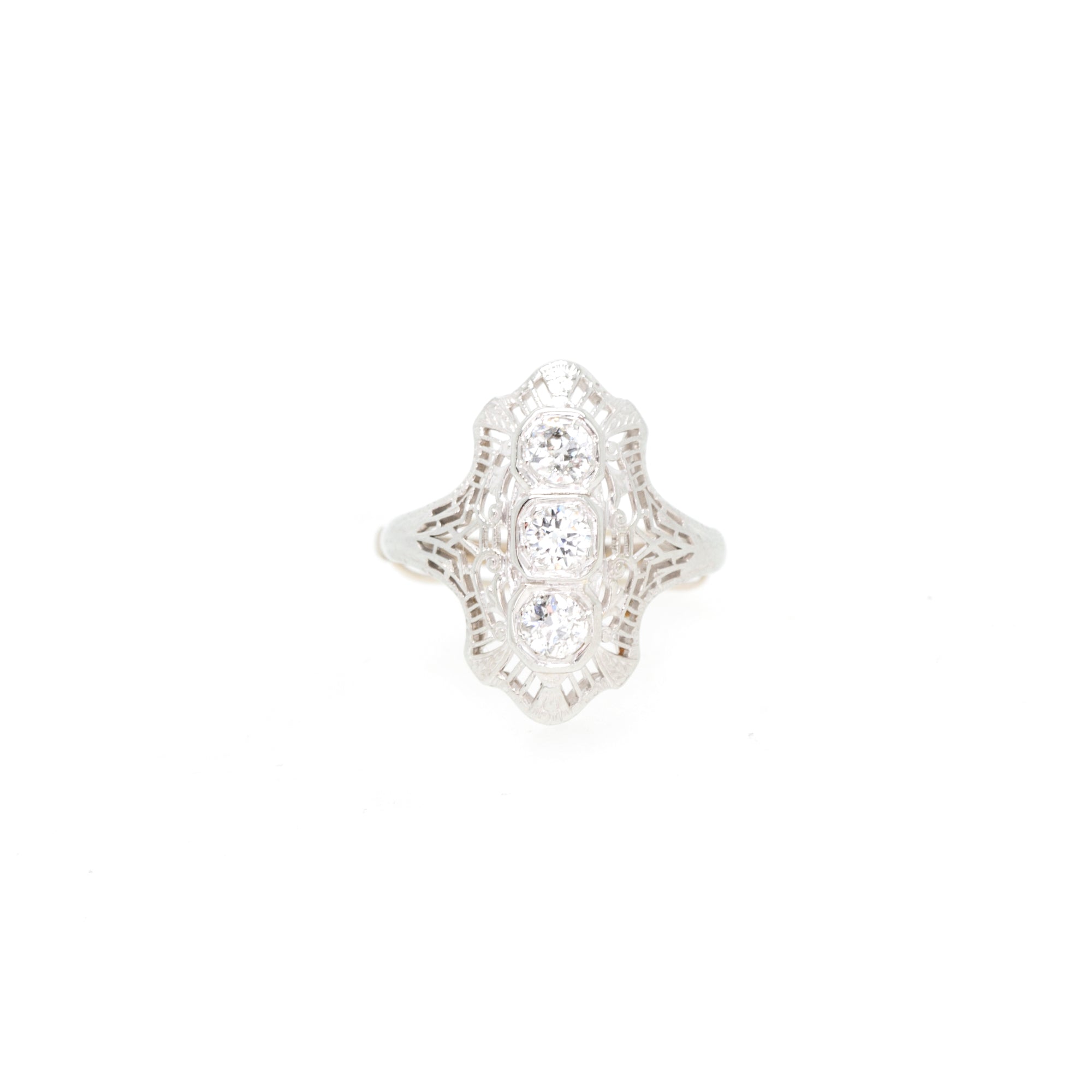 Antique Art Deco 18k White Gold Three Stone Diamond Ring