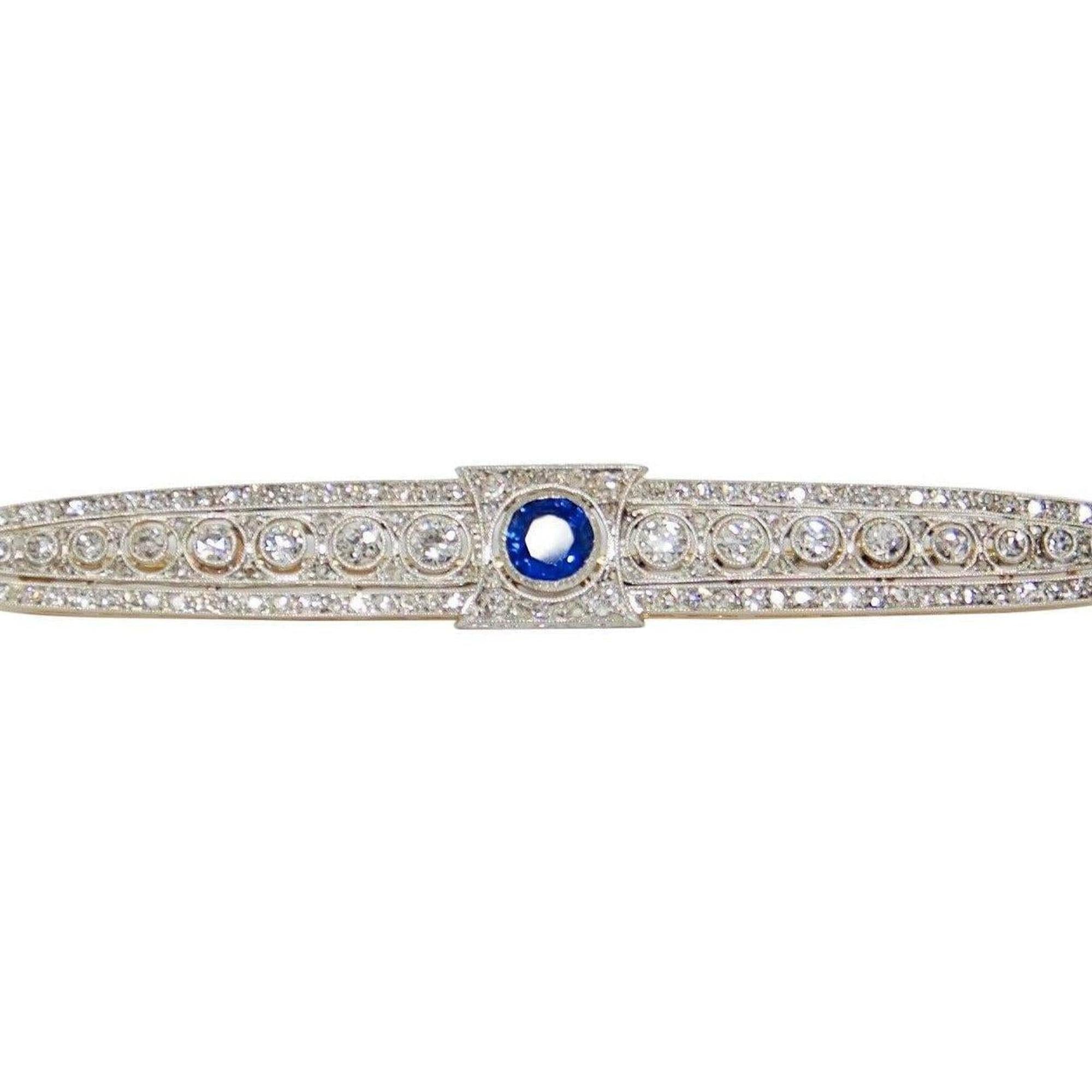 Antique Art Deco Blue Sapphire and Diamond Bar Brooch