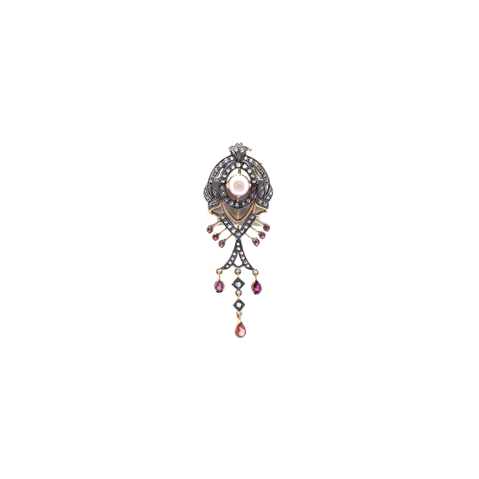 Antique Art Deco Diamond, Pearl & Garnet Drop Brooch