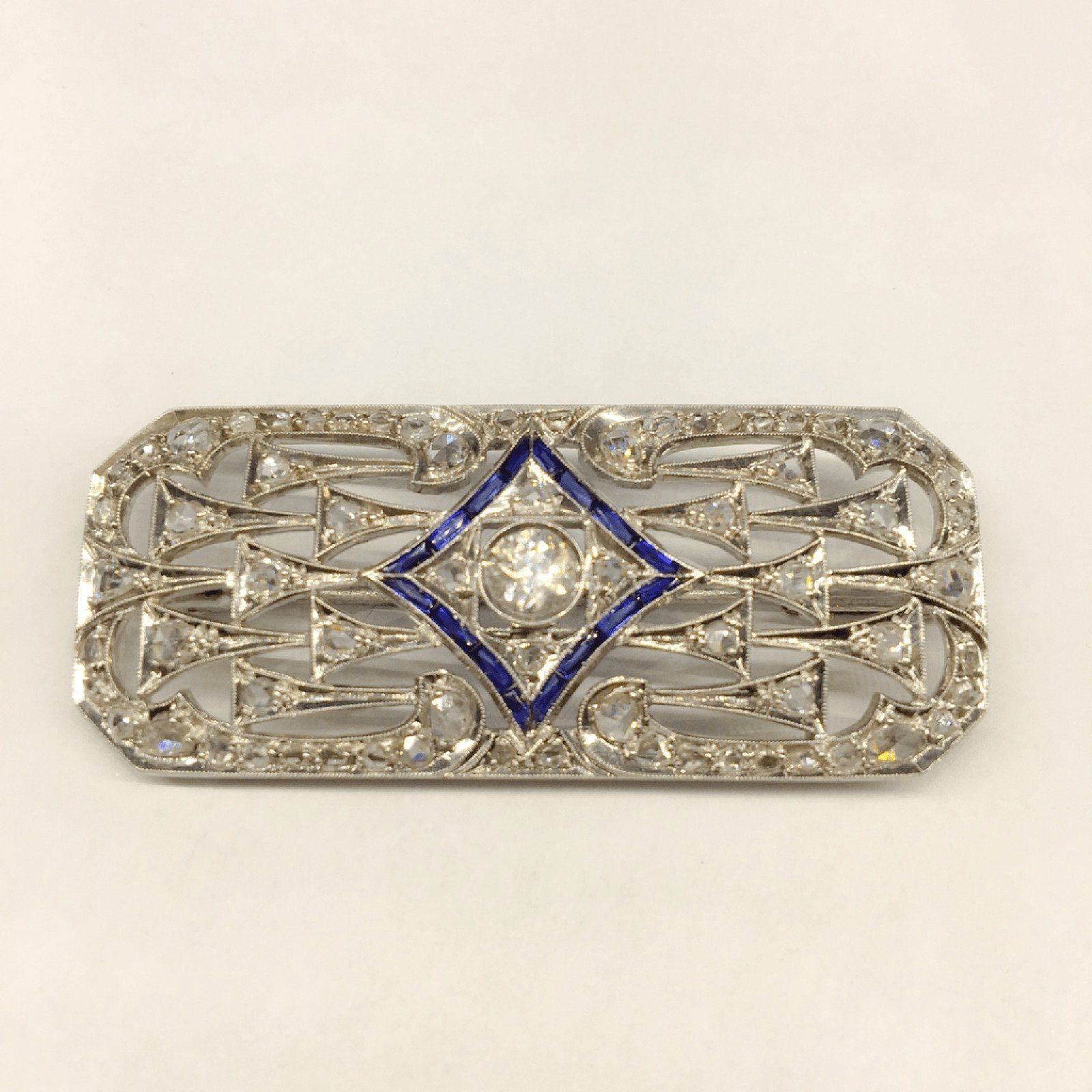 Antique Art Deco Diamond and Sapphire Panel Brooch