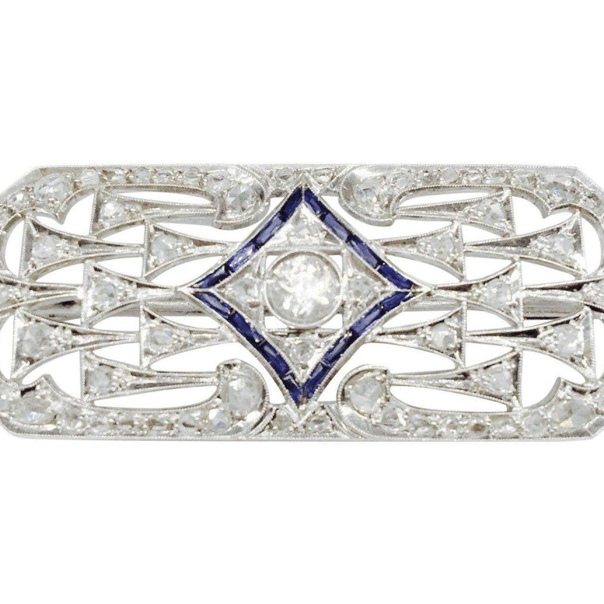 Antique Art Deco Diamond and Sapphire Panel Brooch
