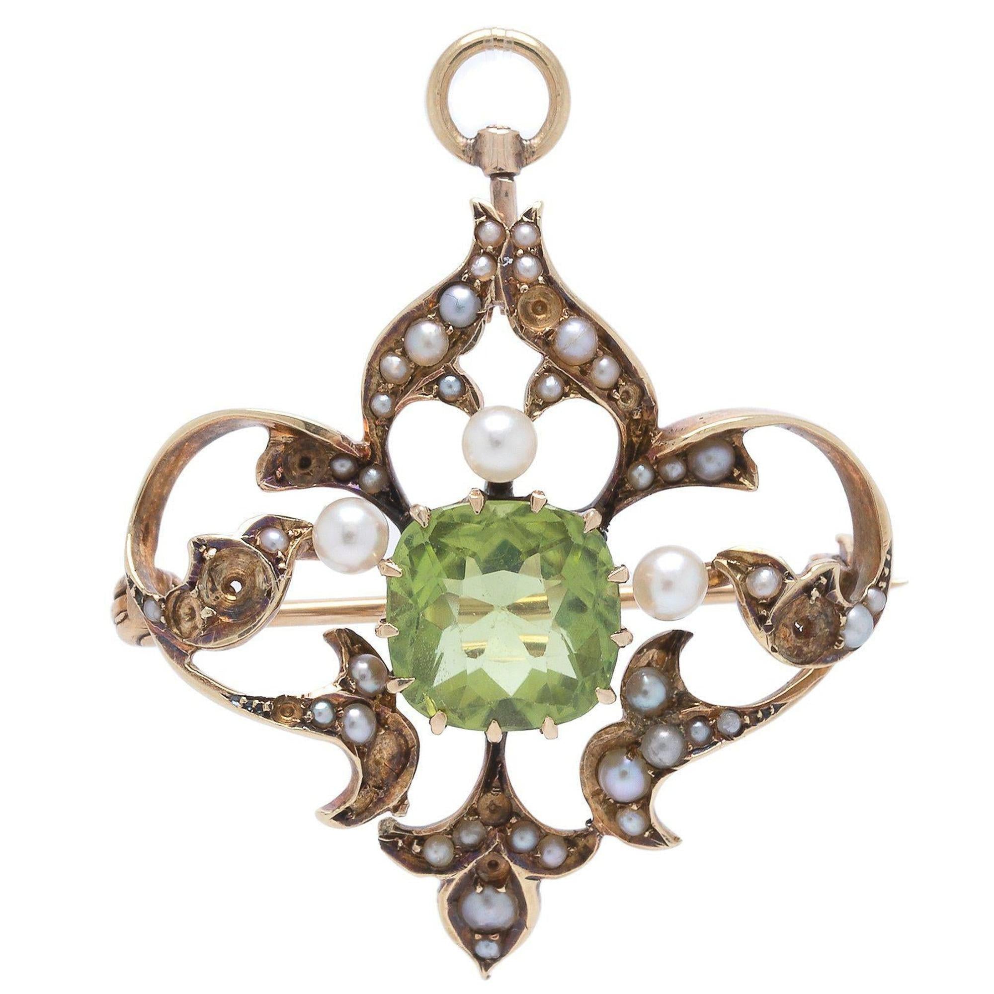 Antique Art Deco Peridot & Seed Pearl Brooch/Pendant