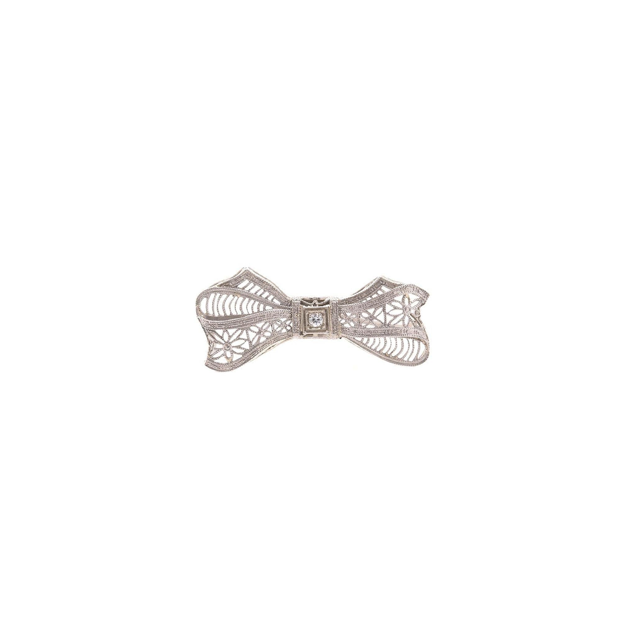 Antique Art Deco Platinum Filigree Diamond Bow Brooch