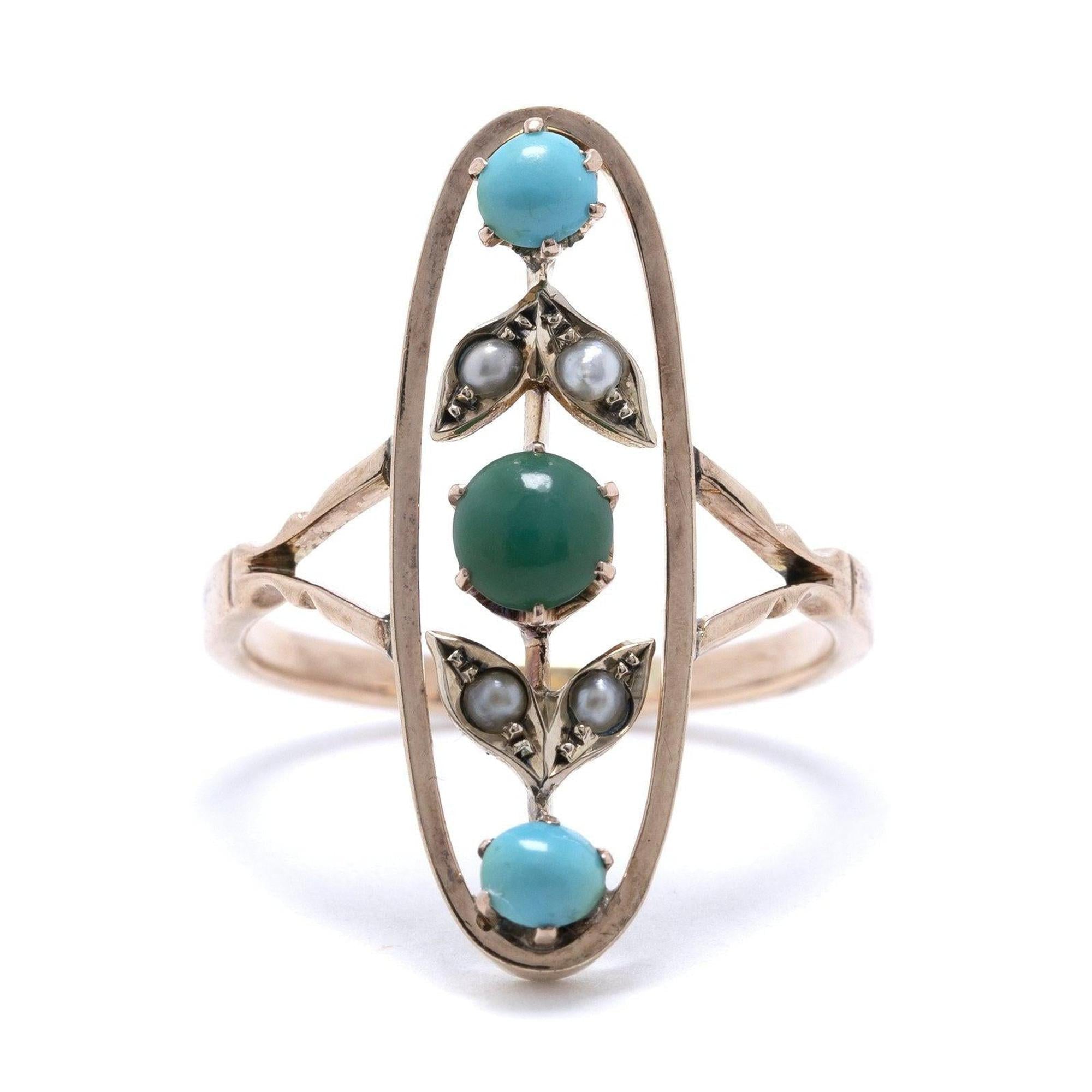 Antique Art Deco Turquoise and Seed Pearl Ring
