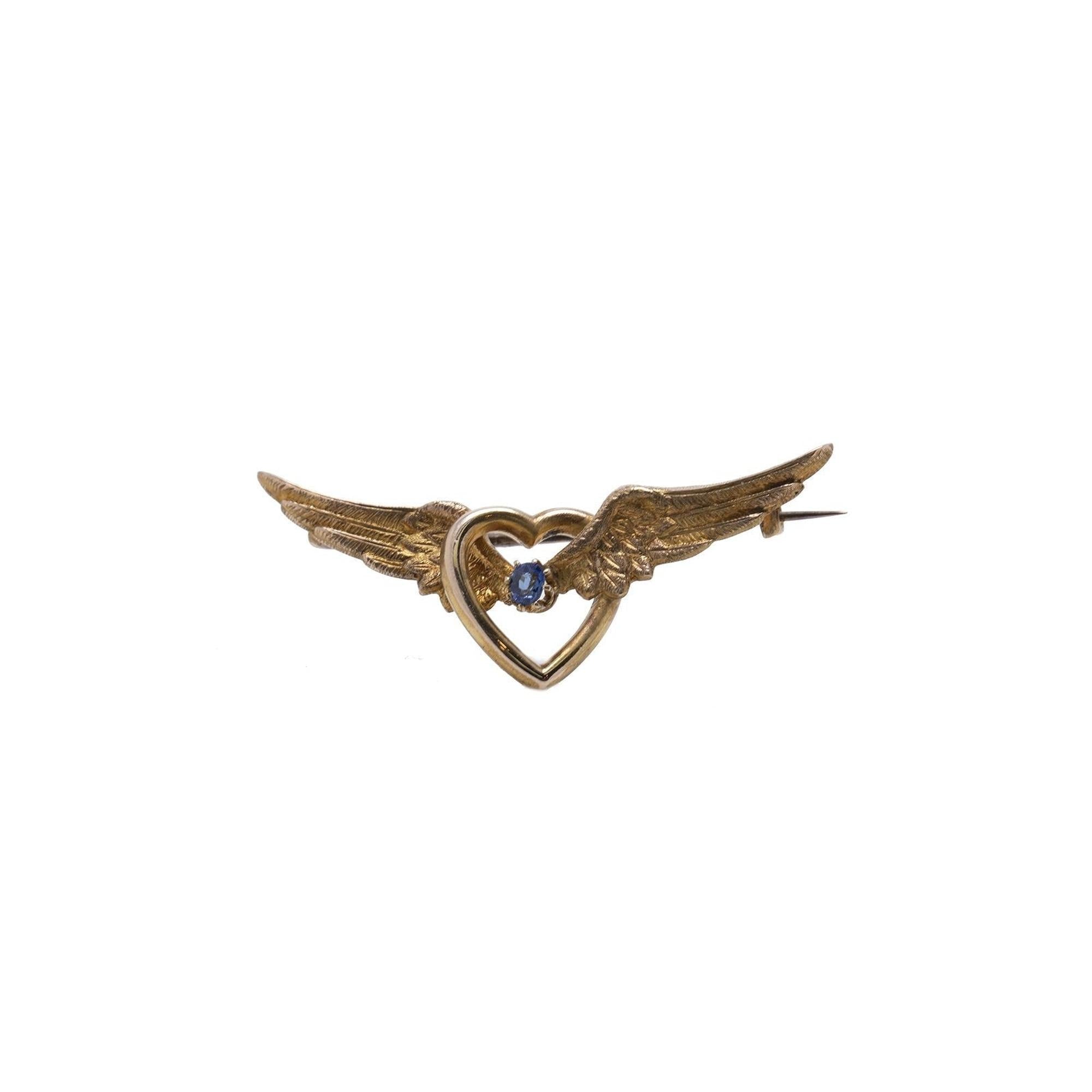 Antique Blue Sapphire Wings in Heart Brooch