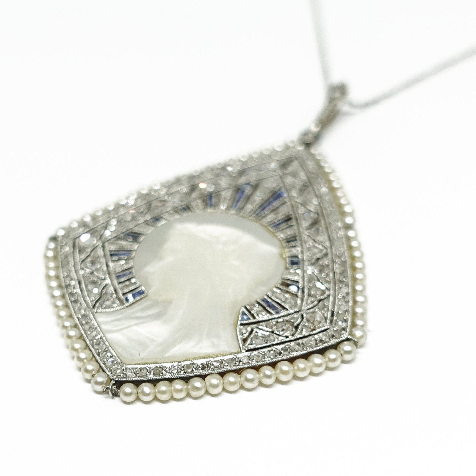 Antique Carved Mother of Pearl and Diamond Pendant Necklace