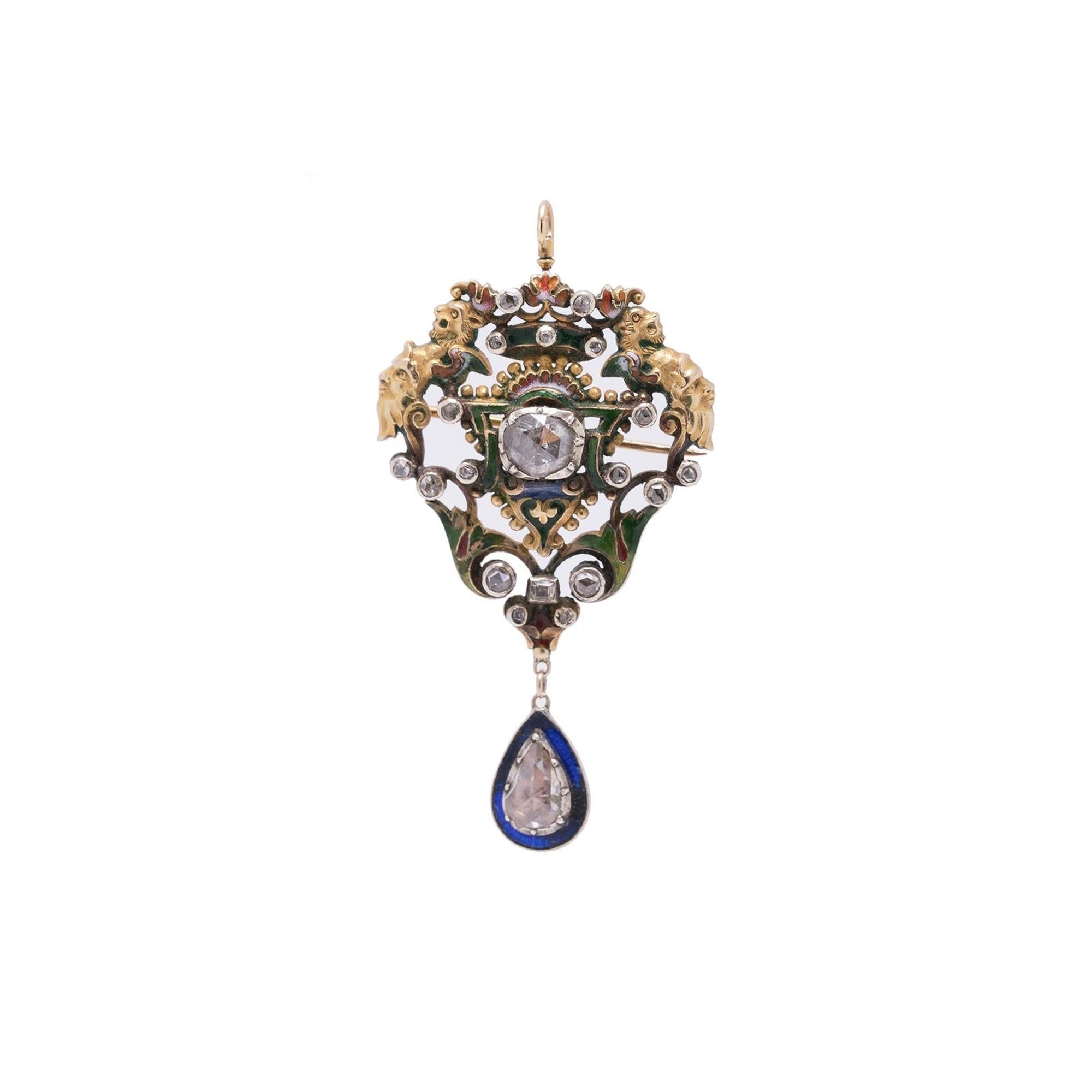 Antique Diamond & Enamel Brooch
