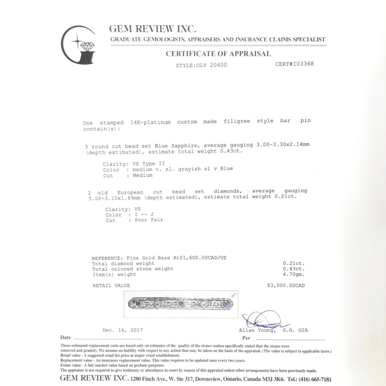 Antique Diamond and Sapphire Filigree Bar Brooch