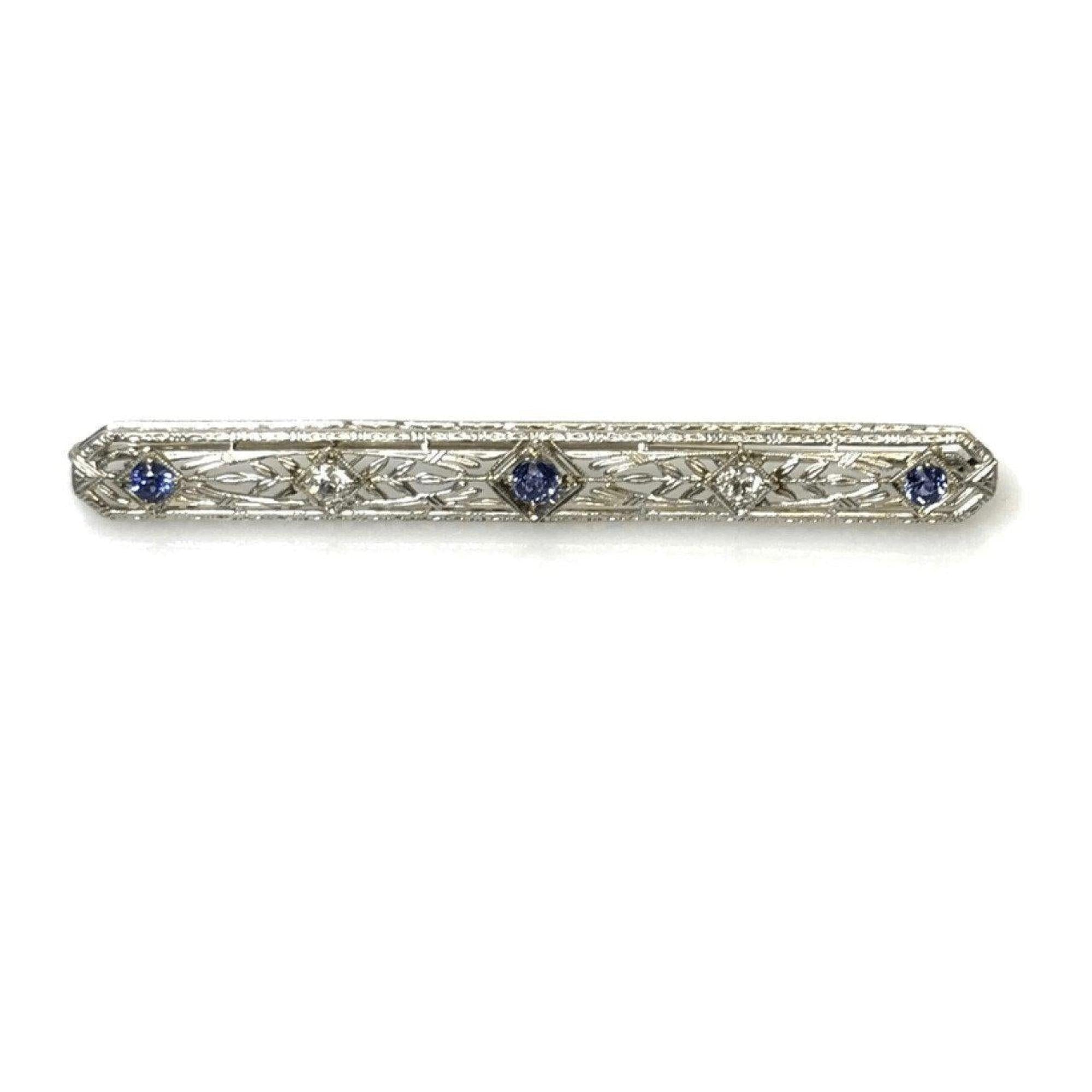 Antique Diamond and Sapphire Filigree Bar Brooch