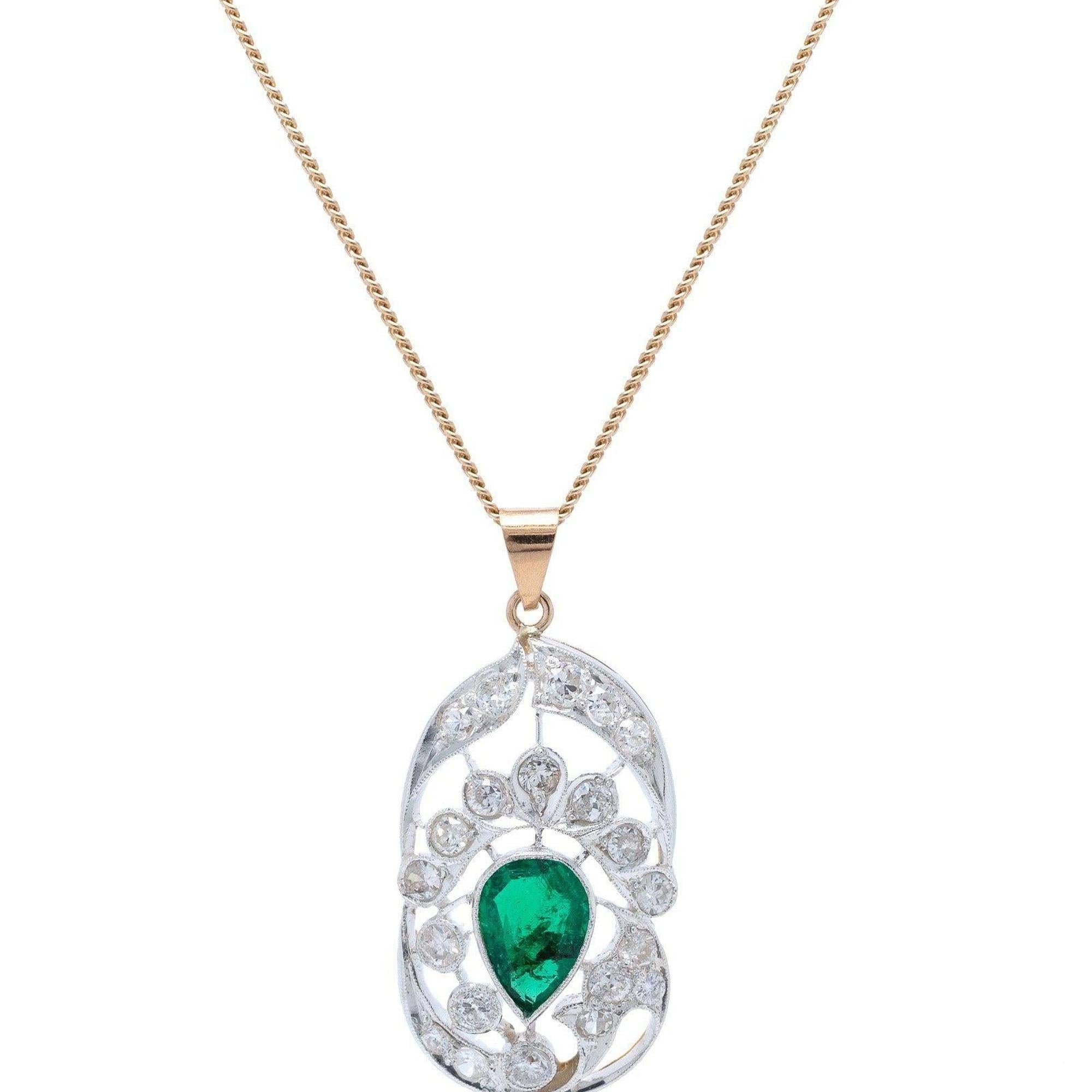 Antique Emerald and Diamond Pendant Necklace