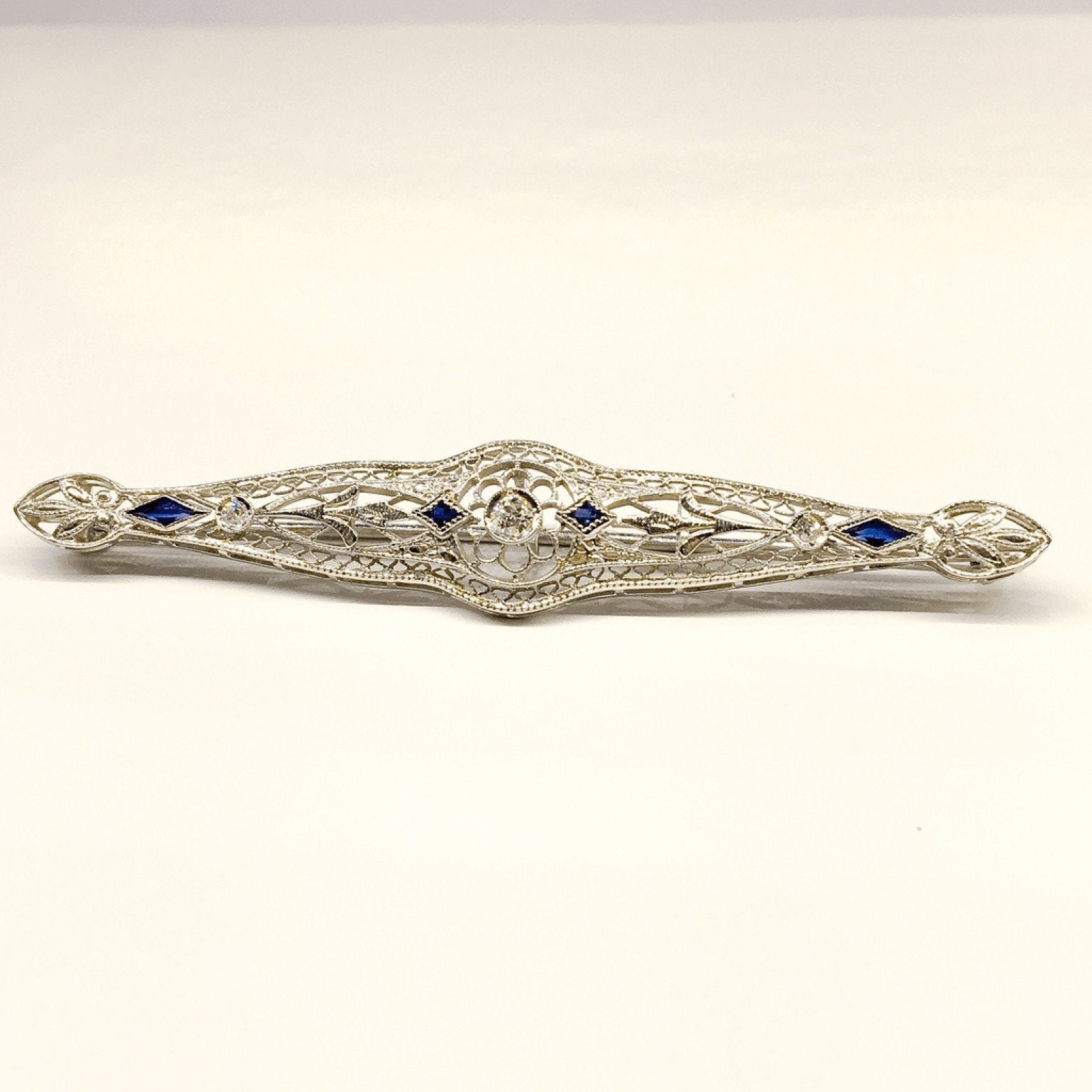 Antique Filigree Diamond and Sapphire Bar Brooch