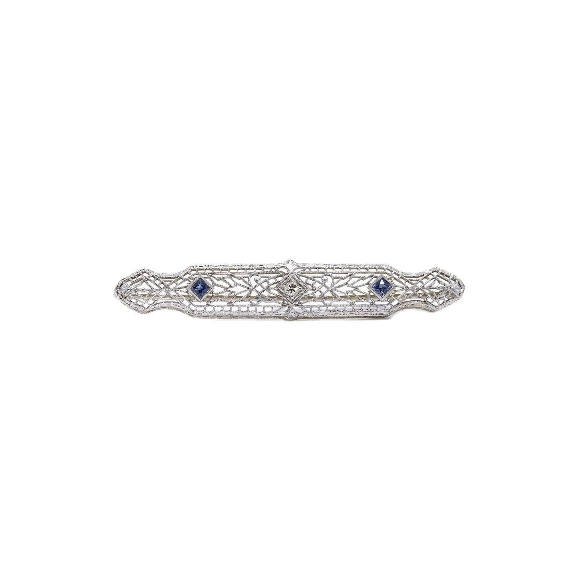 Antique Filigree Sapphire and Diamond Bar Brooch