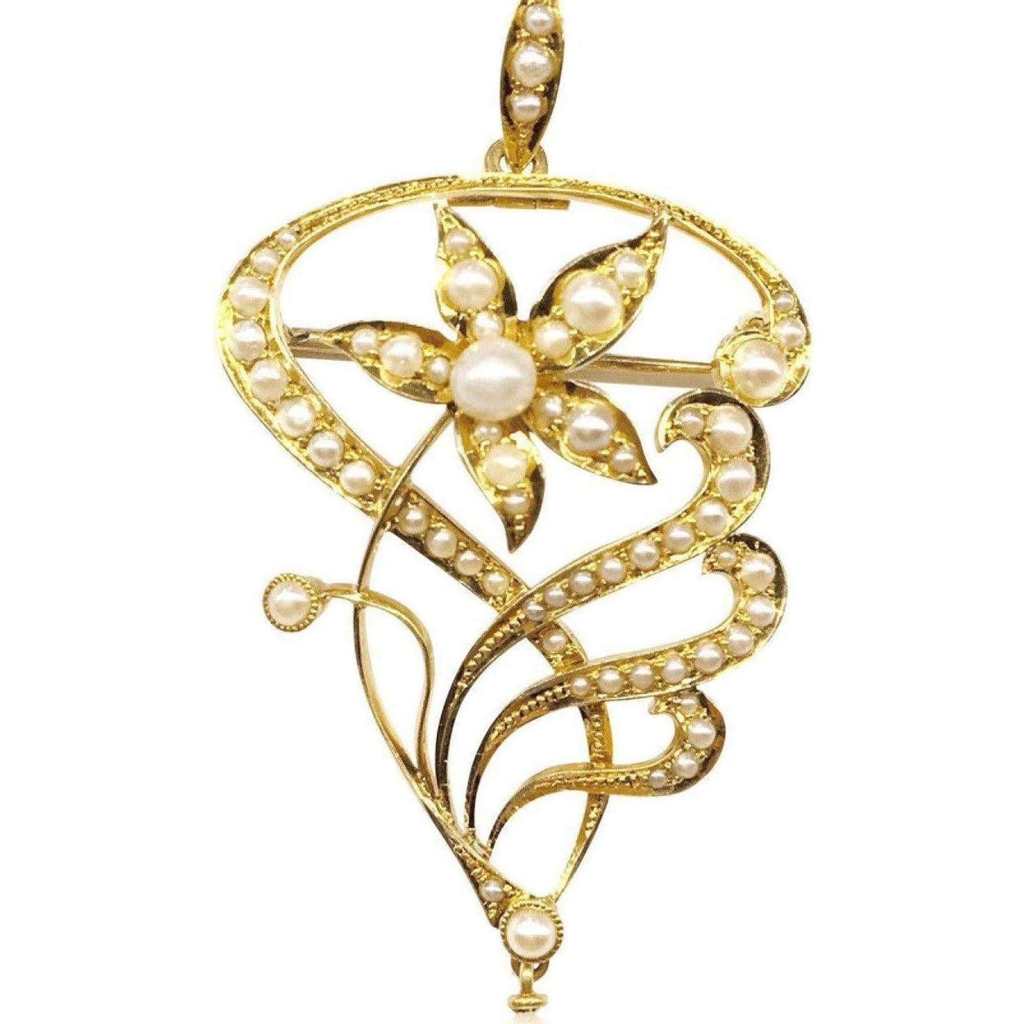 Antique Floral and Leaf Design Seed Pearl Brooch/Pendant