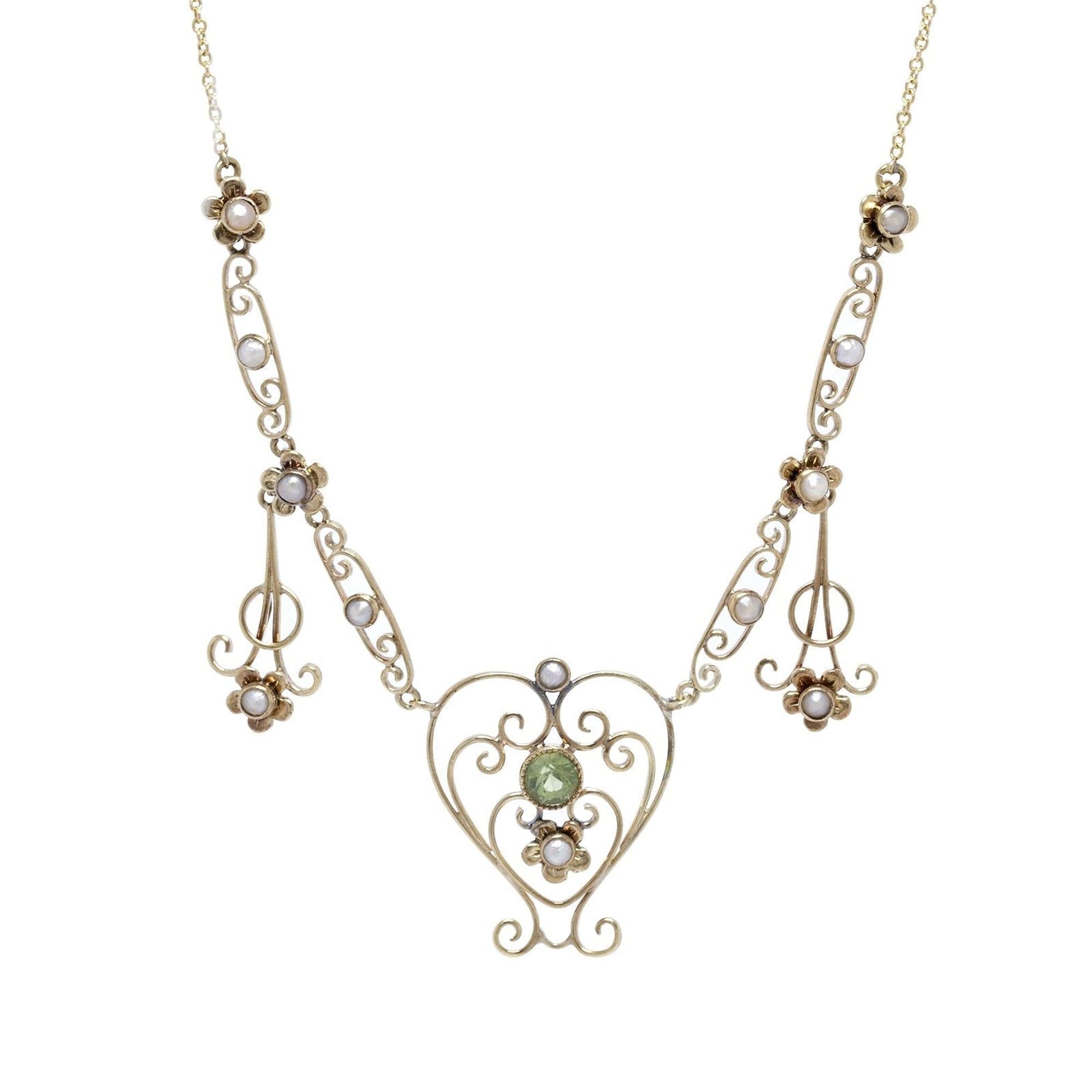 Antique Peridot & Seed Pearl Pendant Necklace