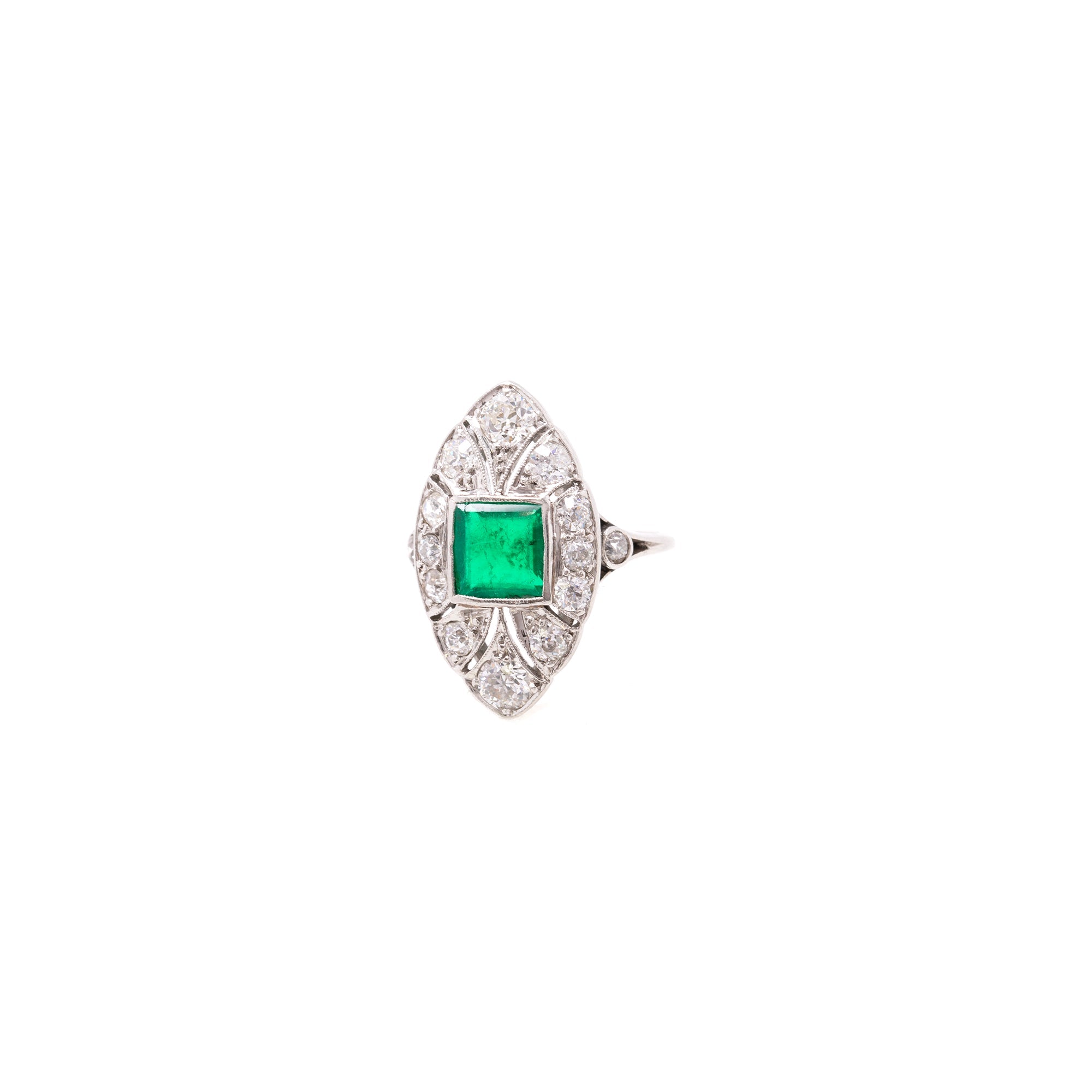 Antique Platinum Emerald and Diamond Cocktail Ring