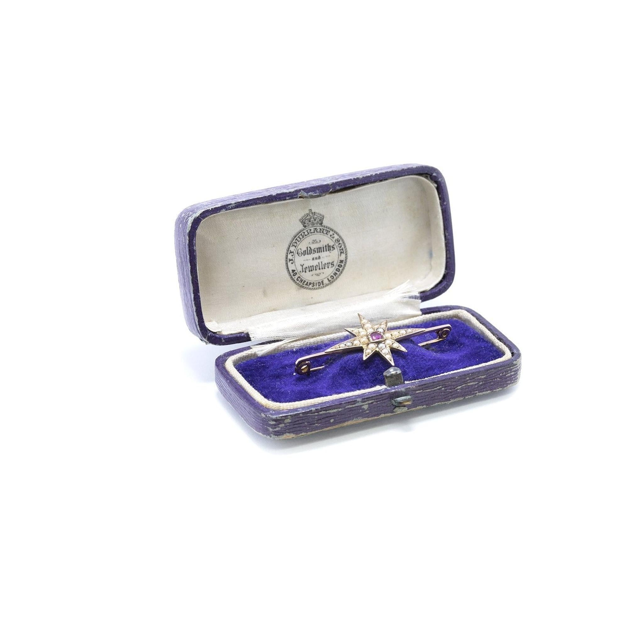 Antique Ruby & Seed Pearl Starburst Brooch