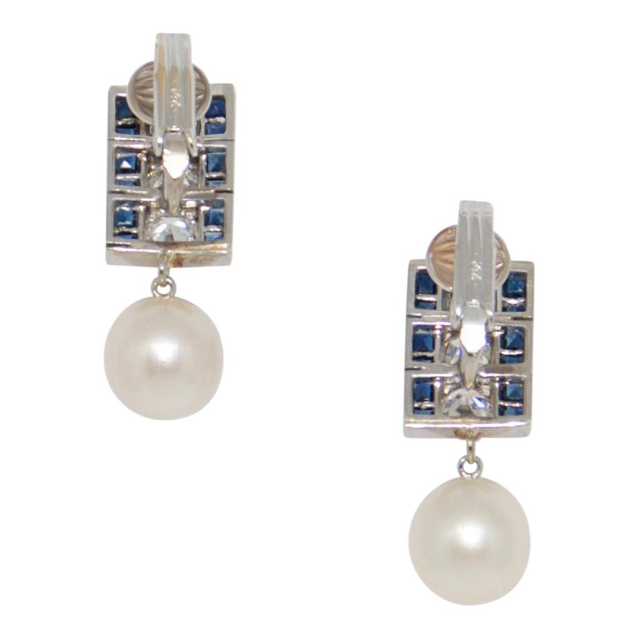 Antique Sapphire, Diamond, and Pearl Drop Earrings