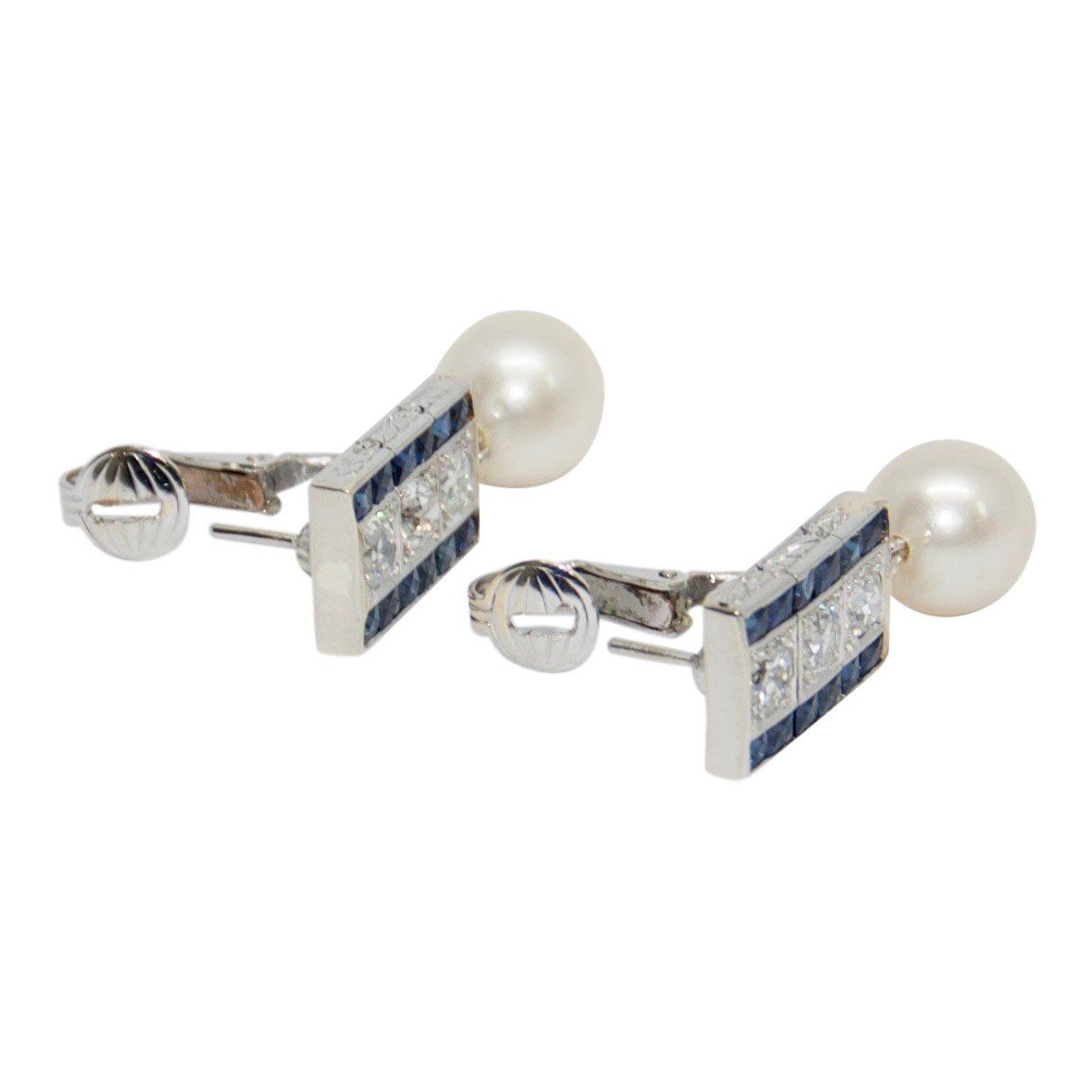 Antique Sapphire, Diamond, and Pearl Drop Earrings